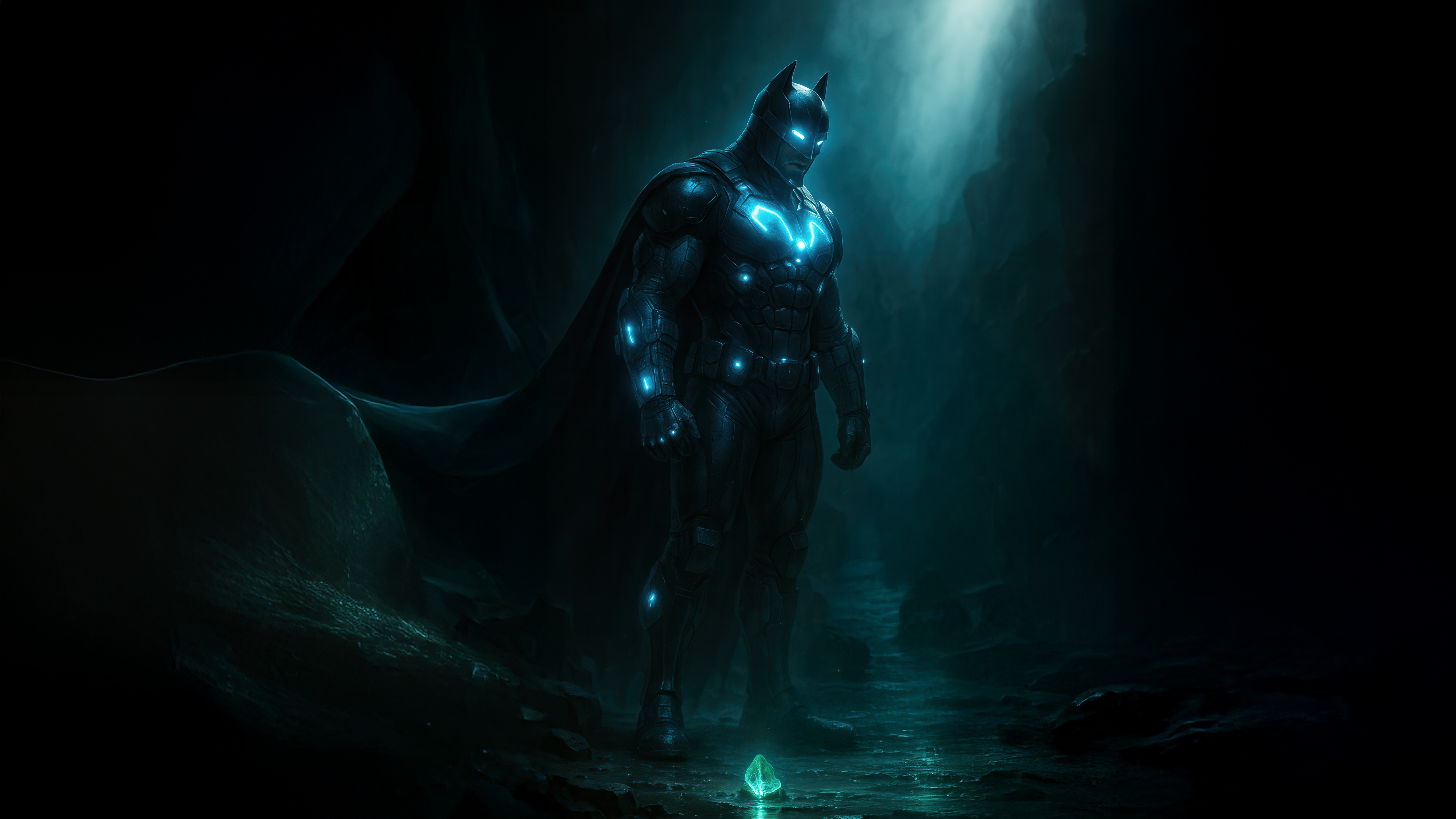 Batman in a dark cave with glowing blue suit HD Wallpaper
