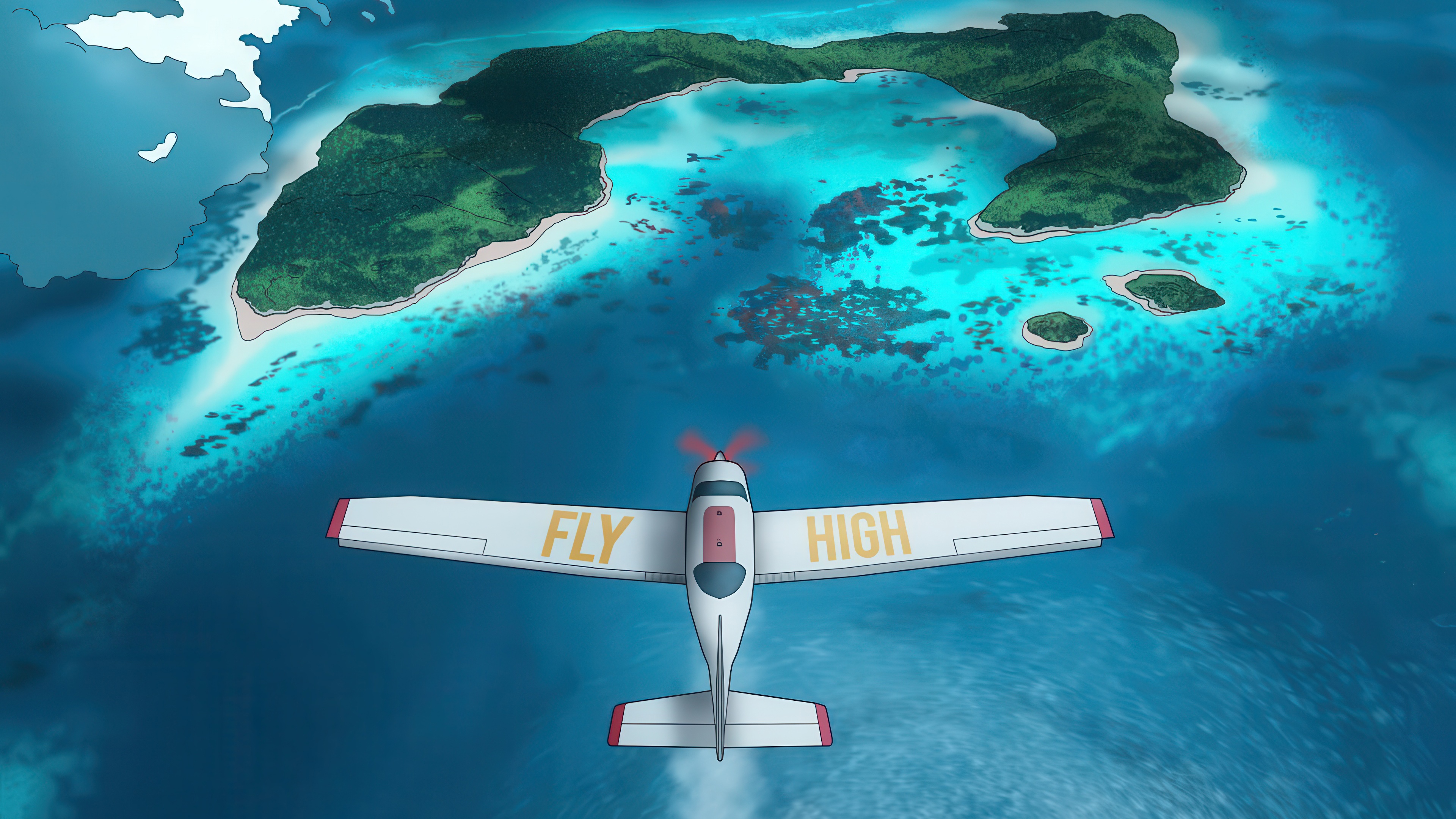 Airplane flying over islands and ocean HD Wallpaper