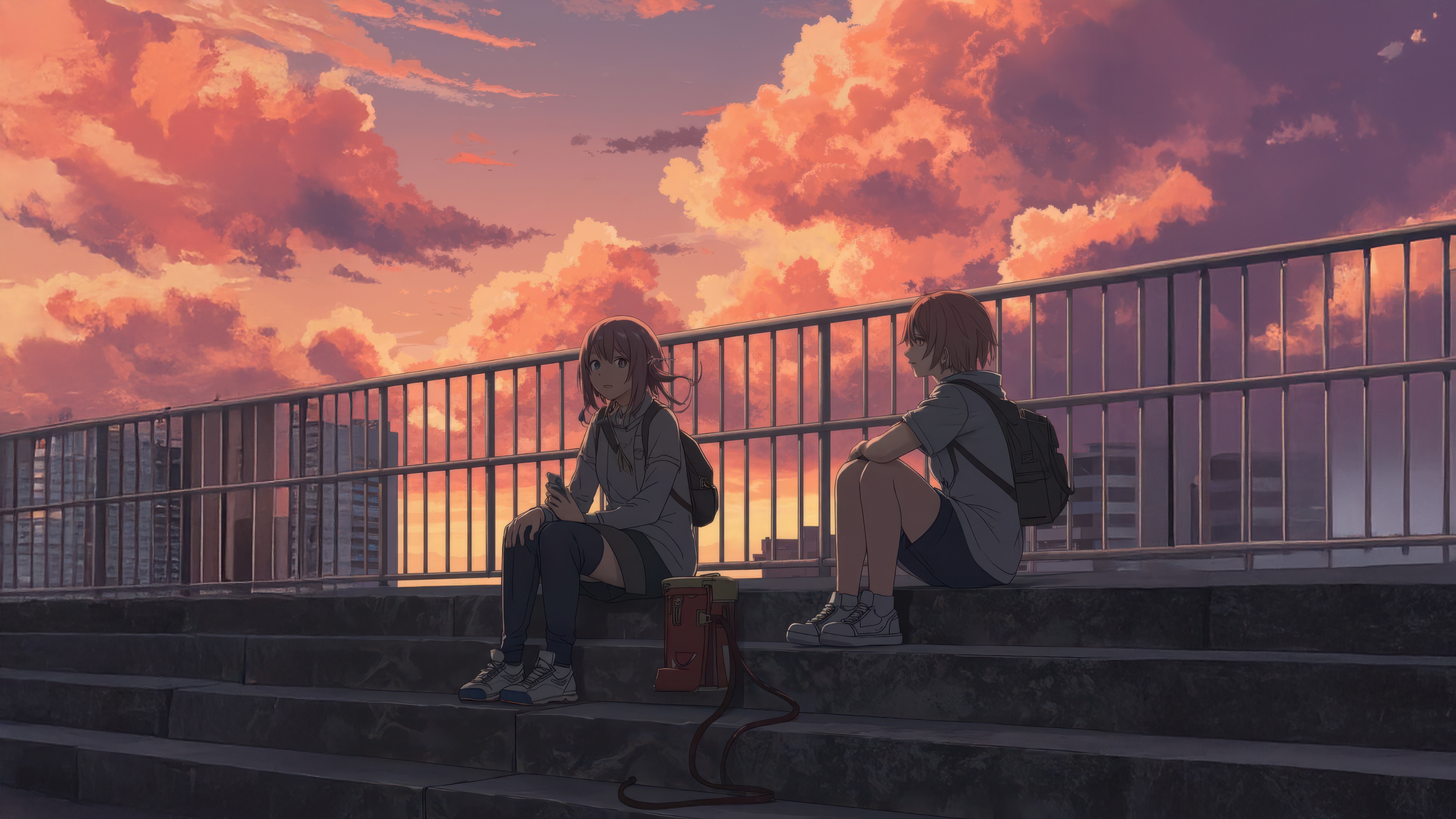 Two girls sitting on stairs at sunset HD Wallpaper