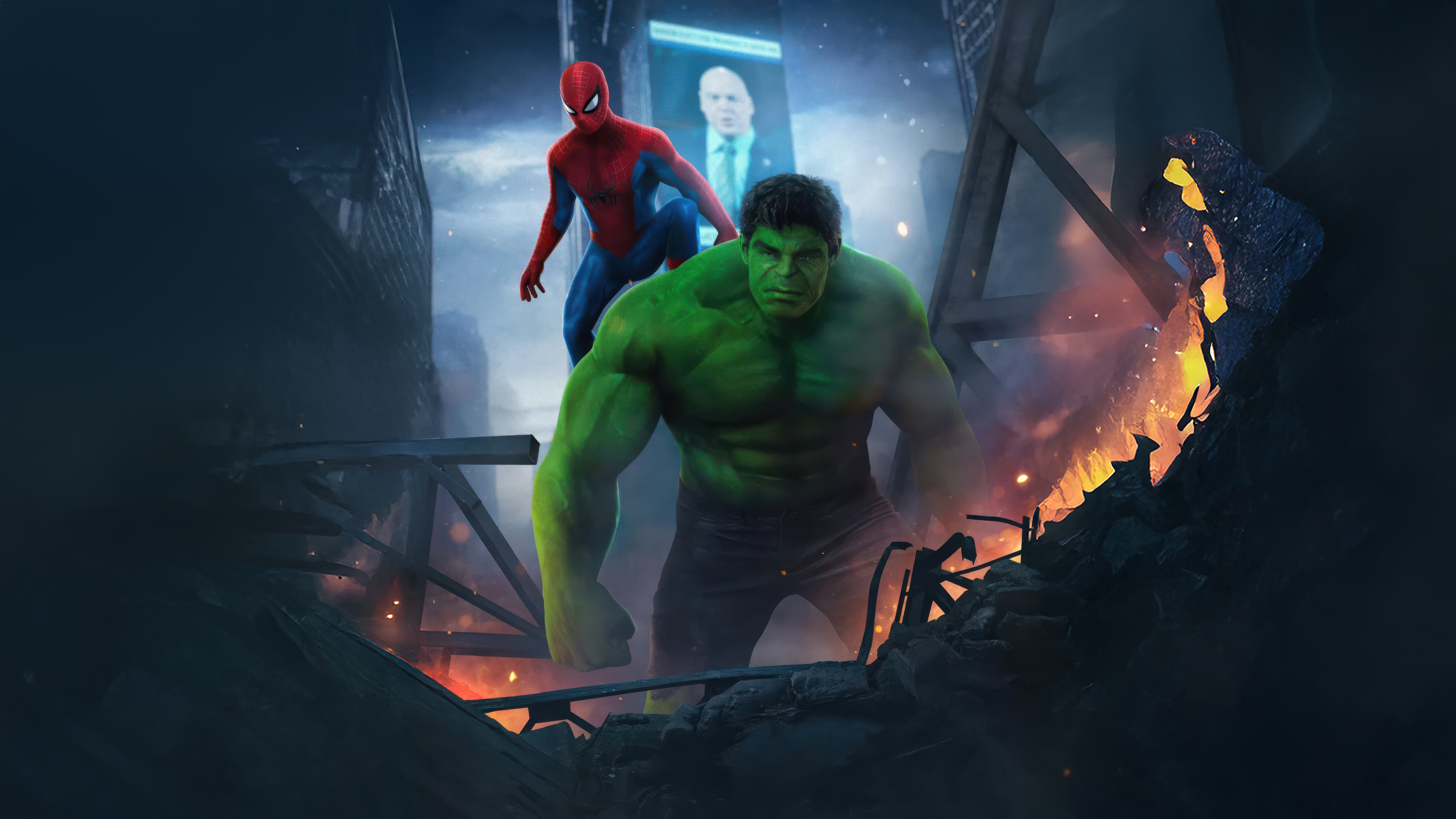 Spider-Man and Hulk in a Destroyed City HD Wallpaper