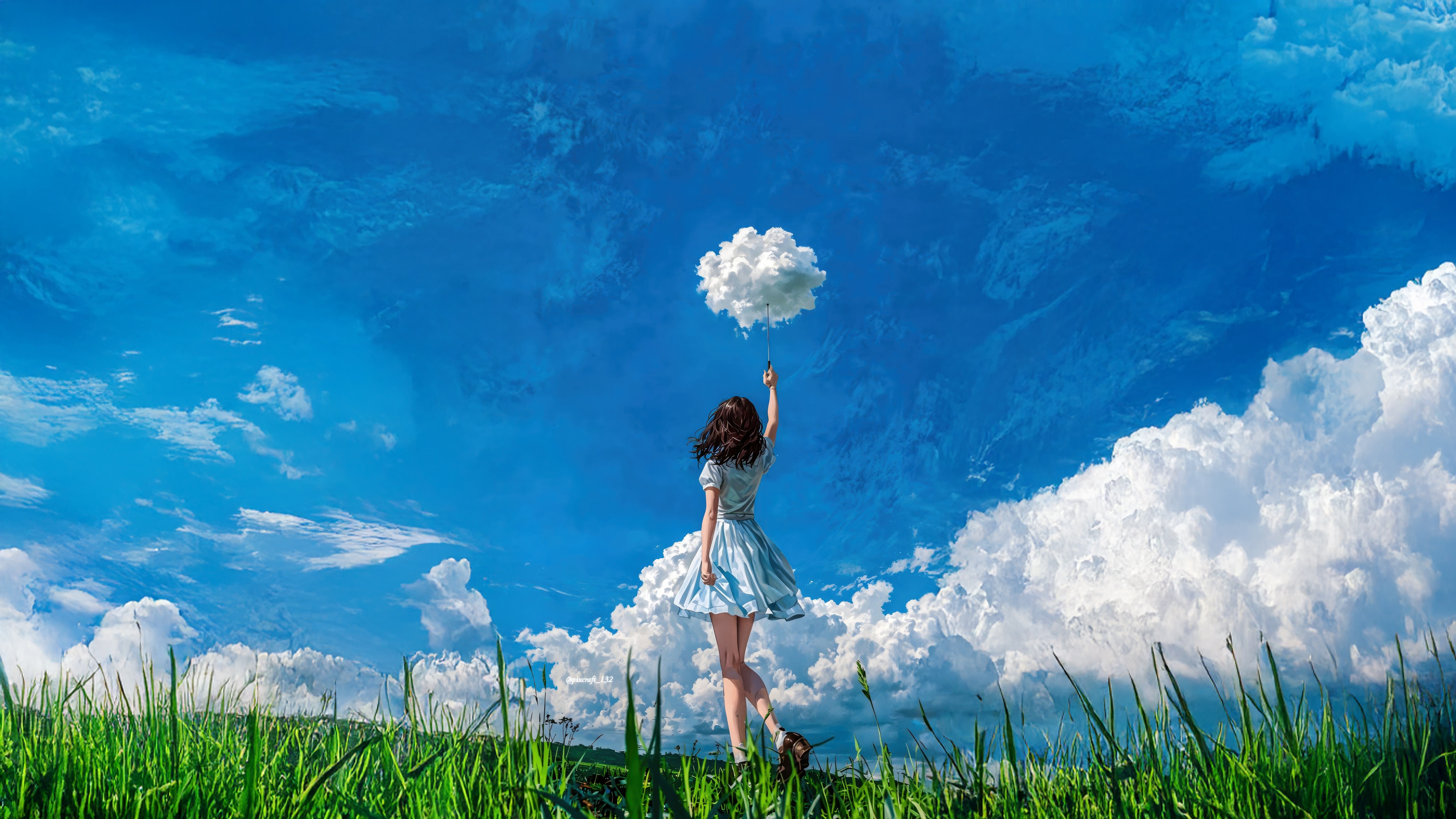 Anime girl holding a cloud balloon in a grassy field HD Wallpaper