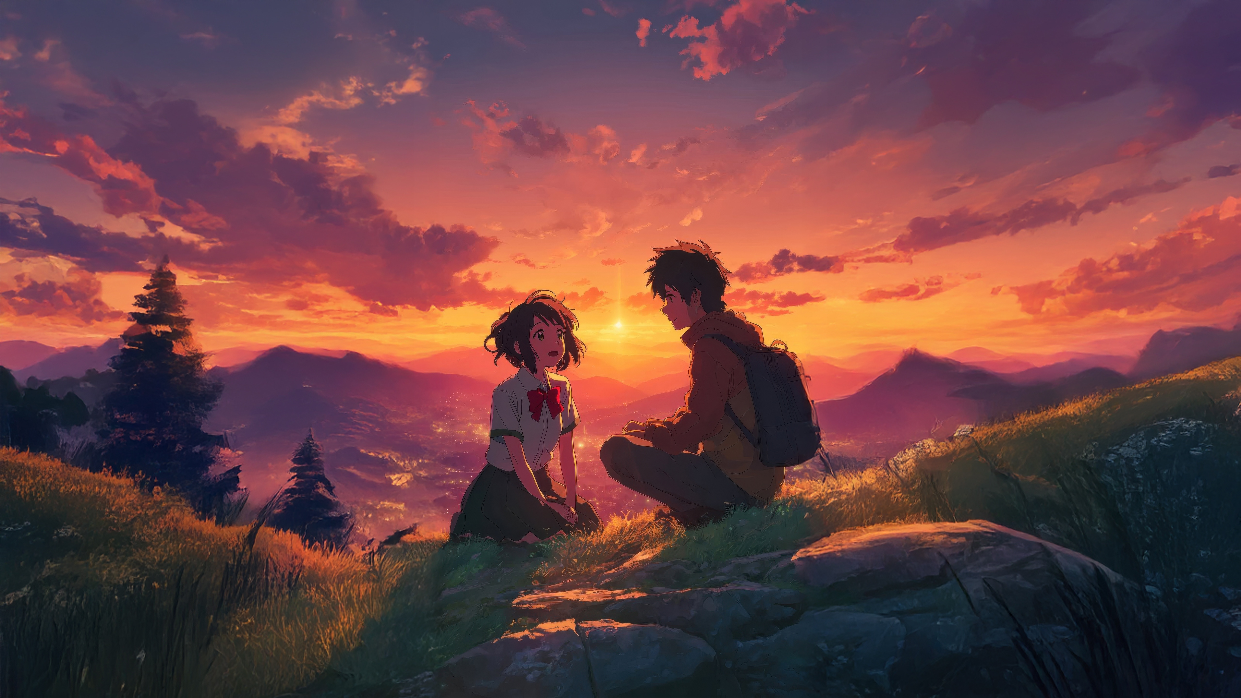 Anime couple watching sunset over mountains HD Wallpaper