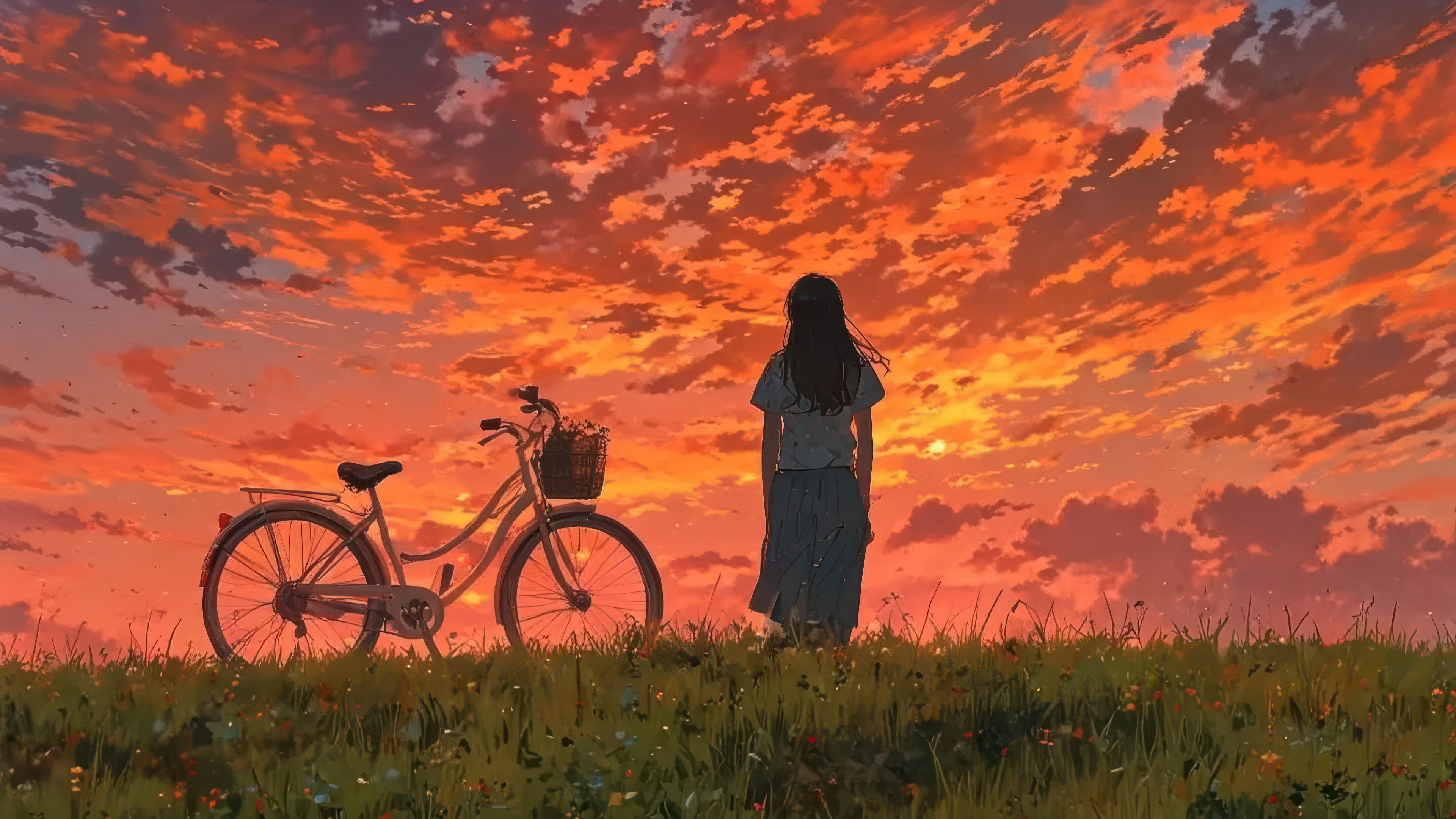 Girl with bicycle at golden hour sunset HD Wallpaper