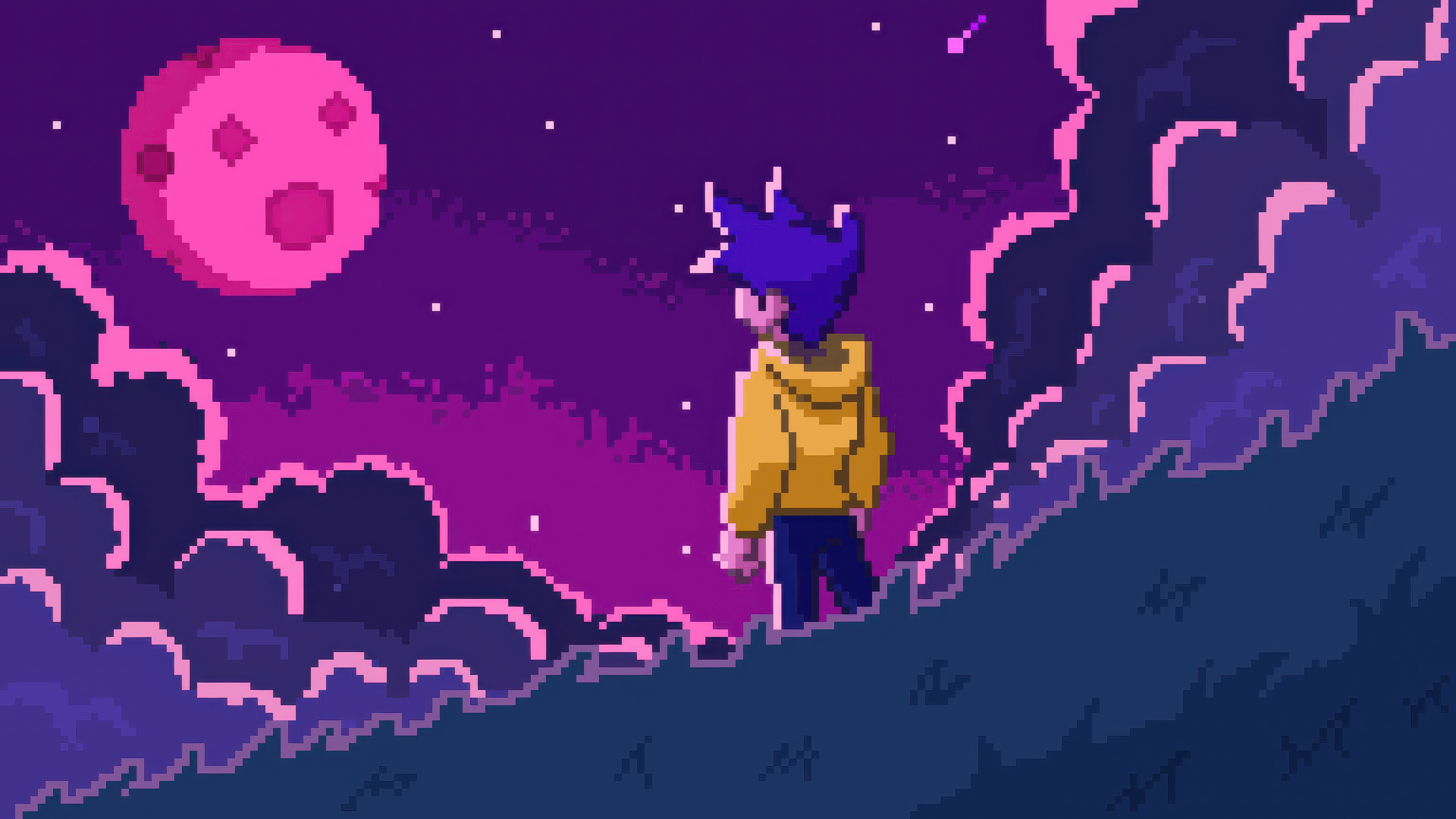 Pixel Art of a Person Looking at a Pink Moon and Stars HD Wallpaper
