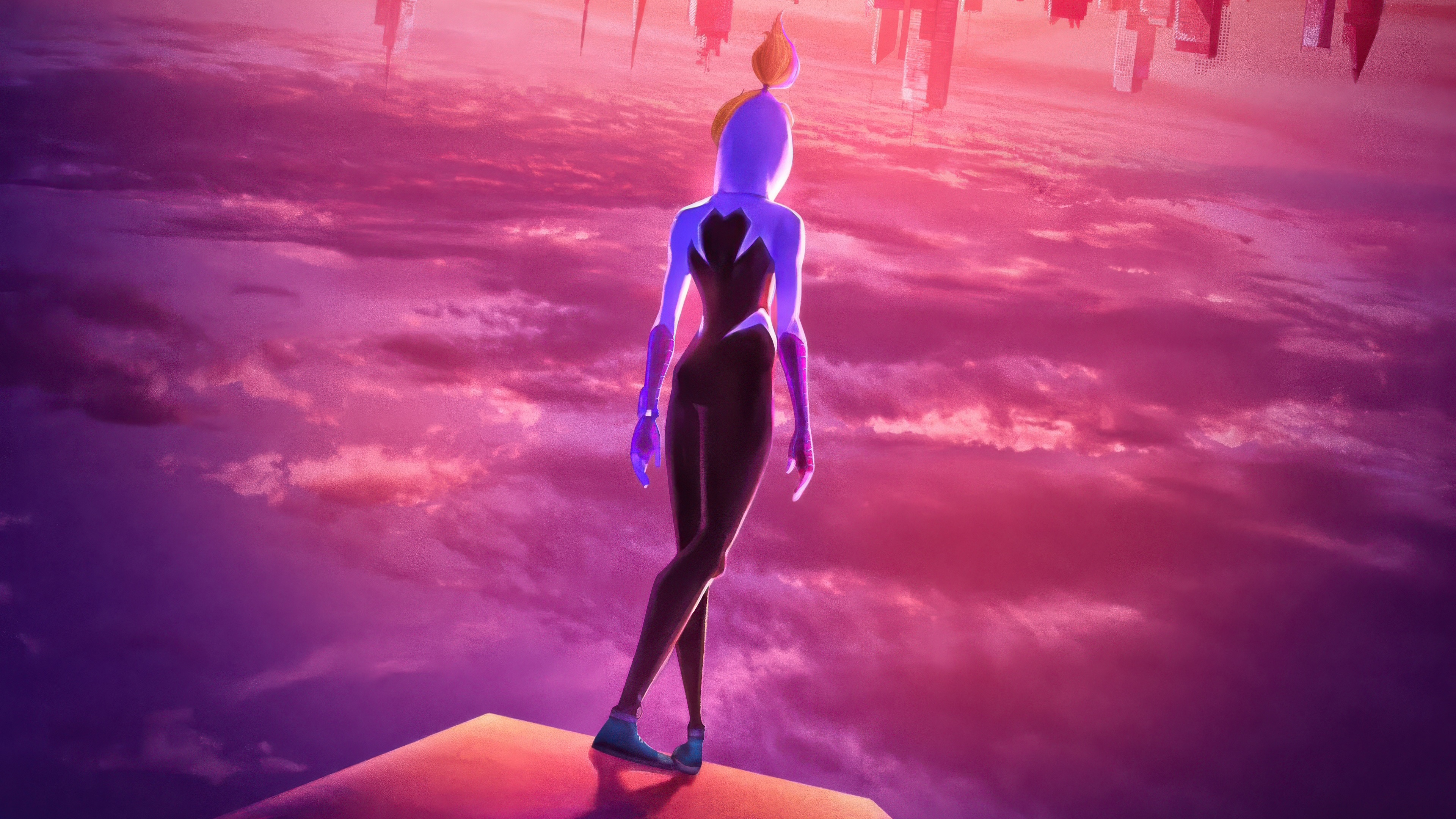Gwen Stacy standing on a platform overlooking a city HD Wallpaper