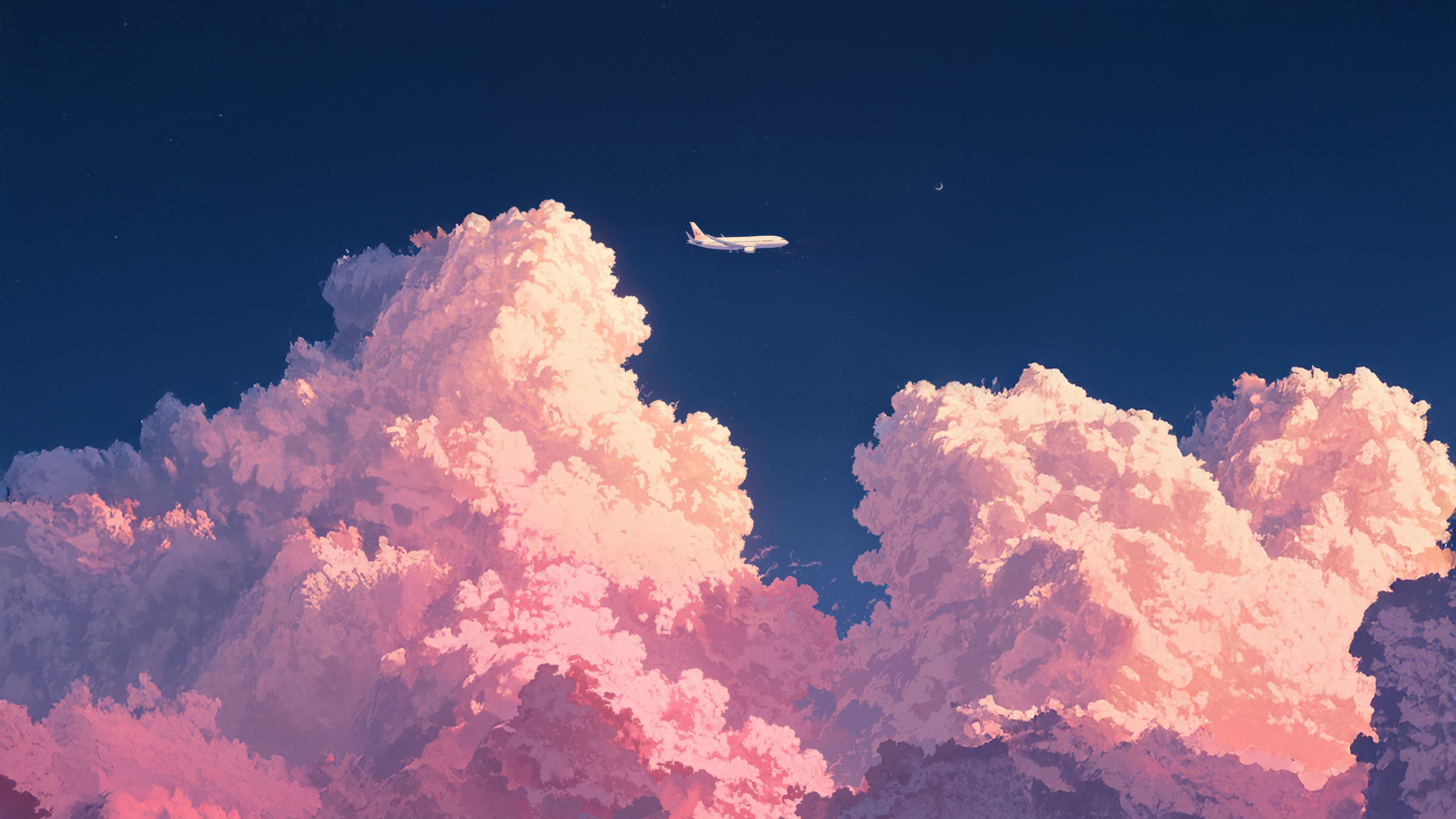 Airplane flying through pink clouds at night HD Wallpaper