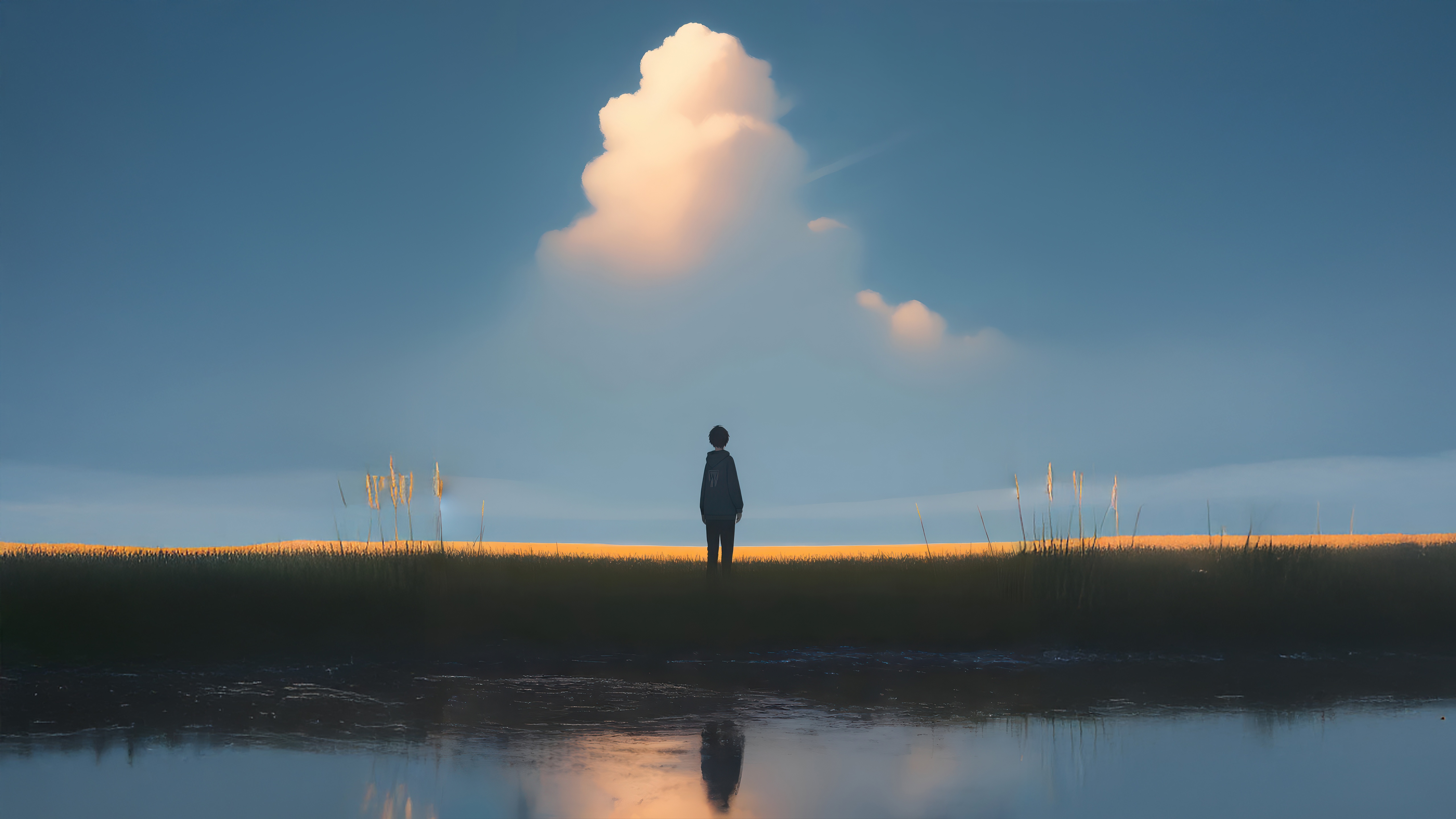 A lone figure stands in a field by the water HD Wallpaper