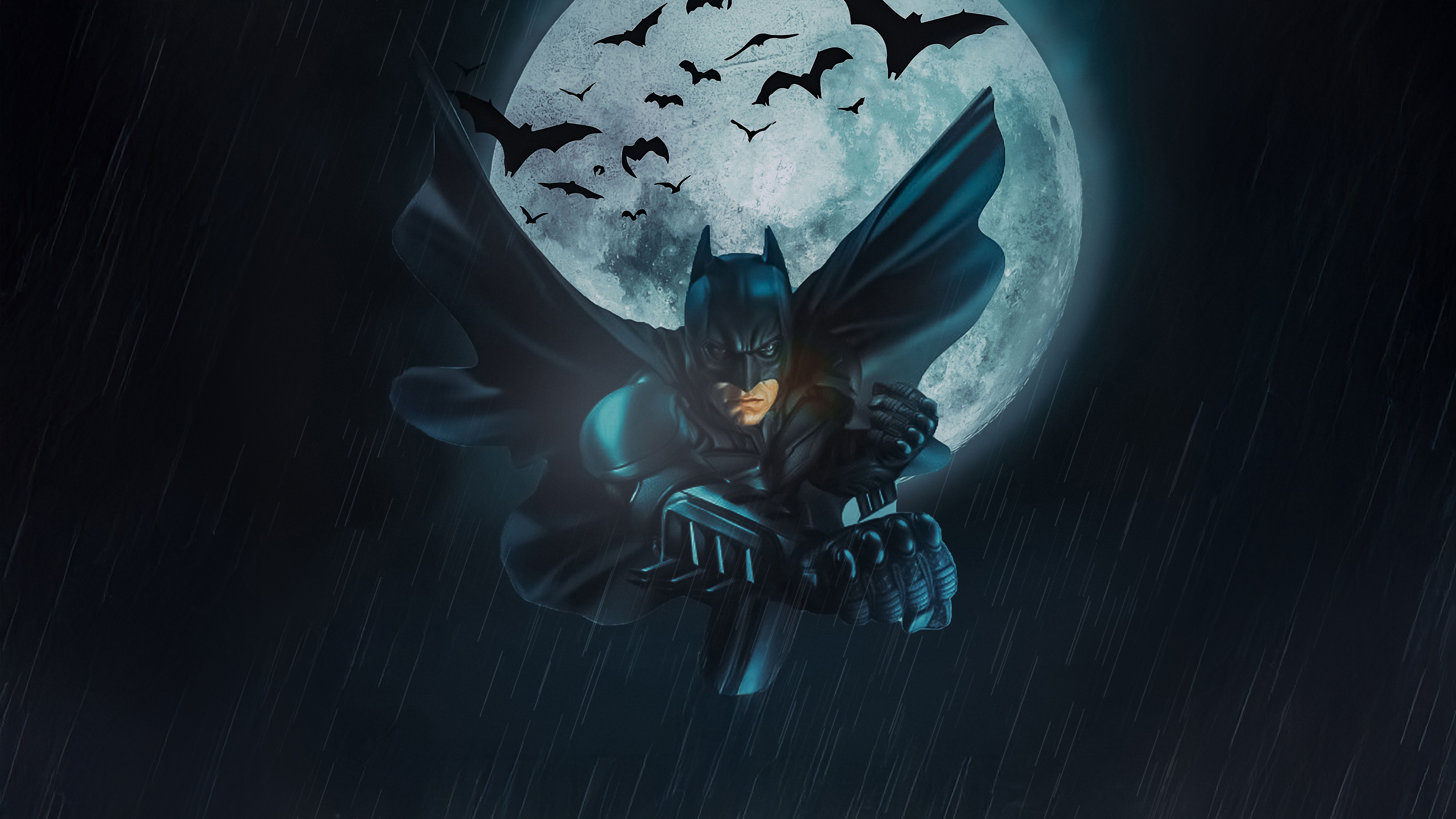 Batman flying upwards with bats and moon HD Wallpaper