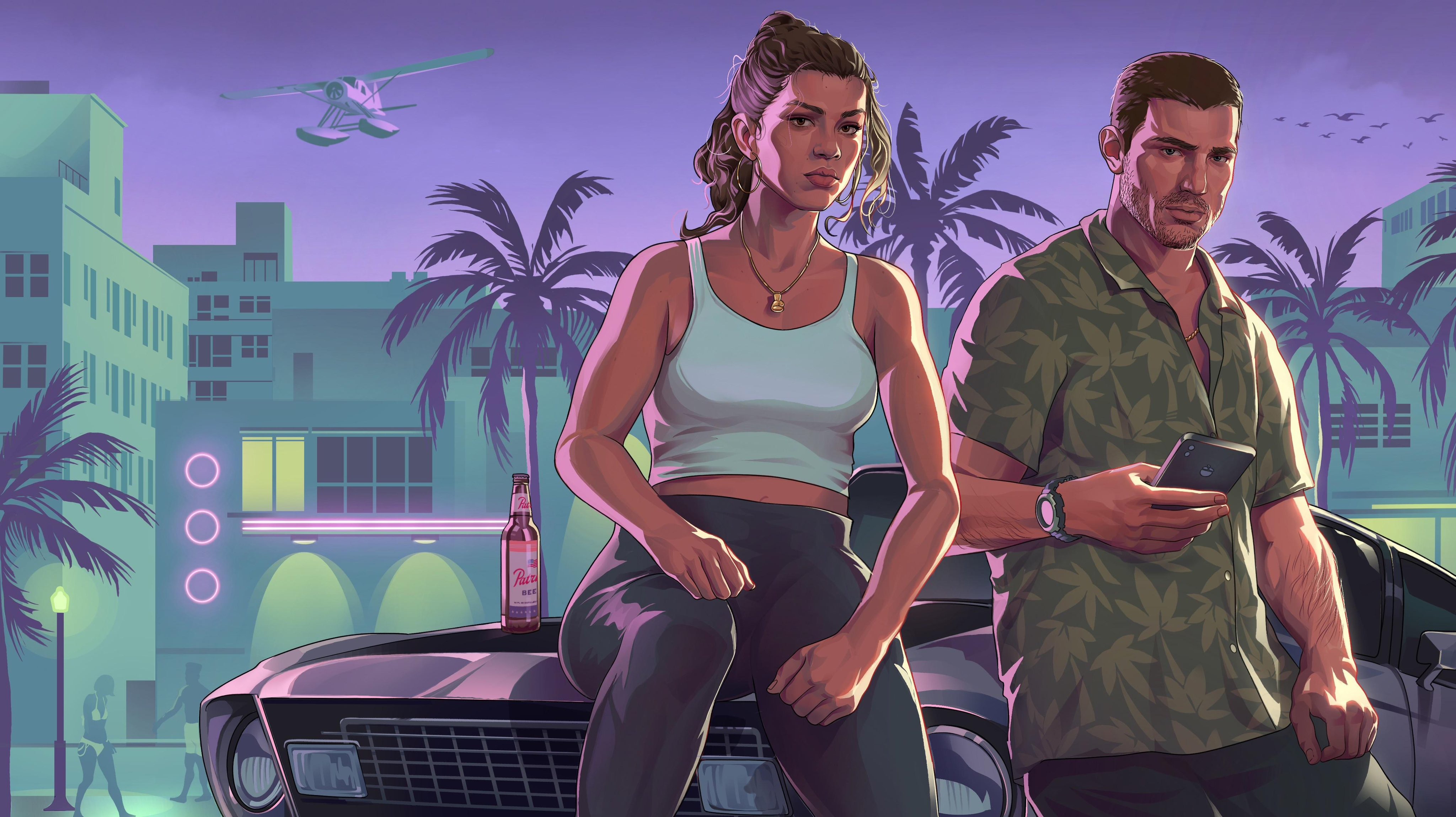 Vice Nights GTA 6 art with couple and seaplane HD Wallpaper