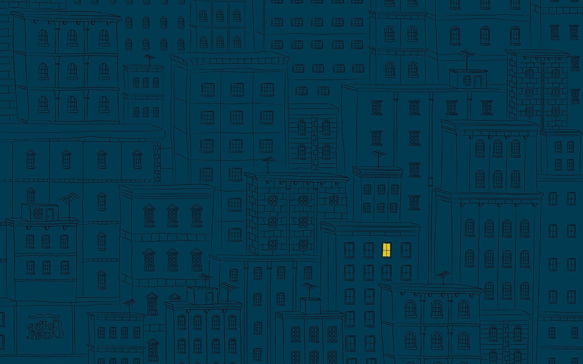 Minimalist city buildings with one lit window HD Wallpaper