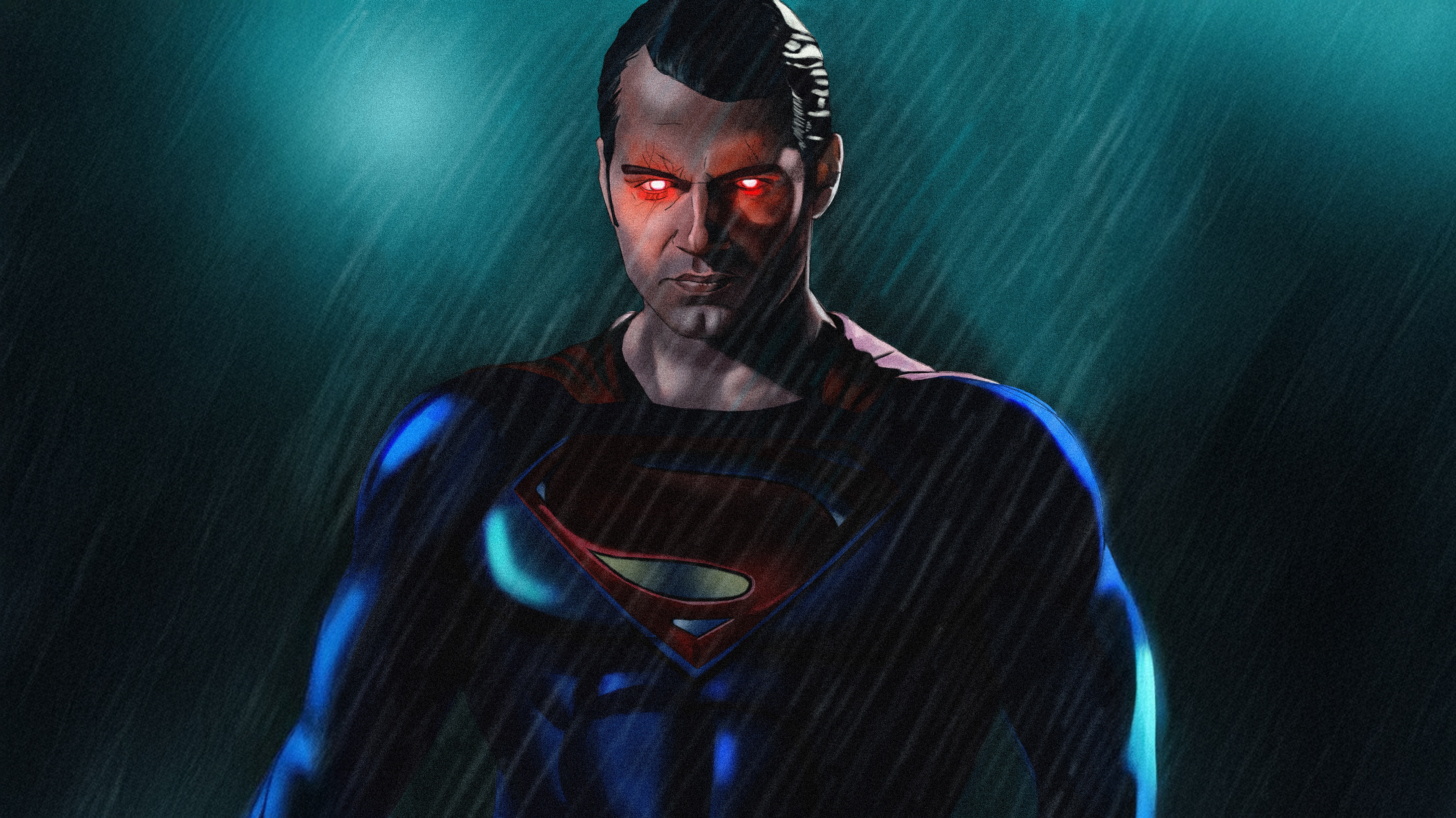Superman with glowing red eyes in the rain HD Wallpaper