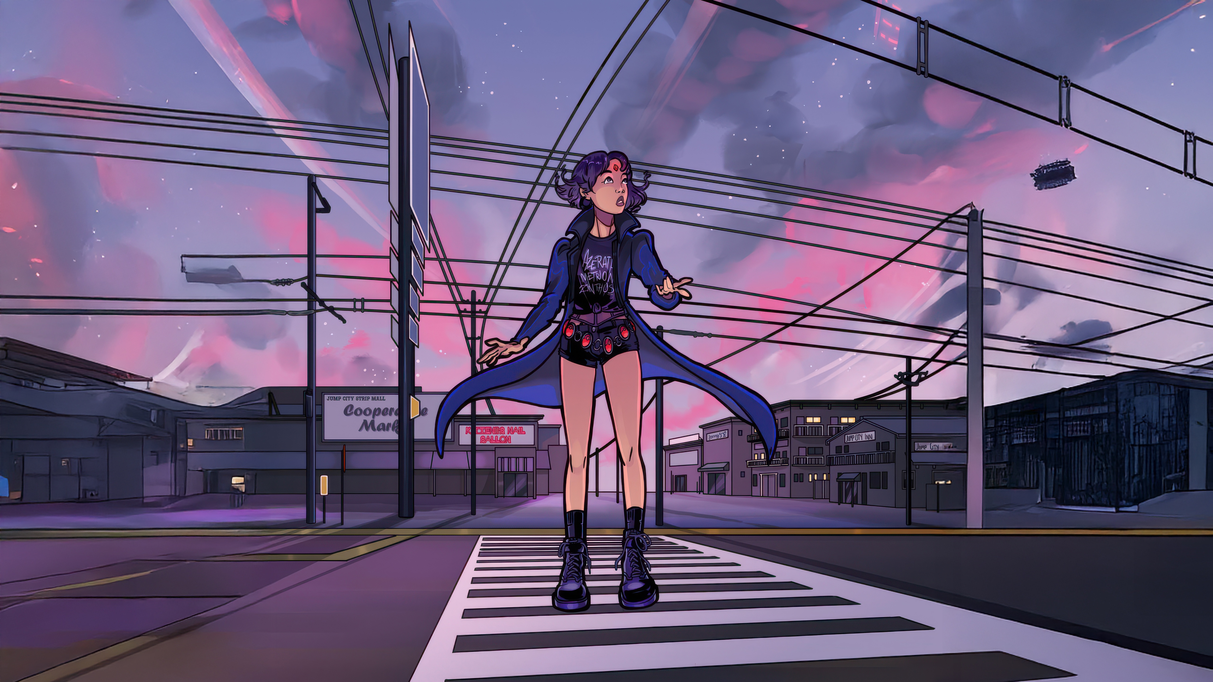 Raven stands on a crosswalk in an urban setting at dusk HD Wallpaper