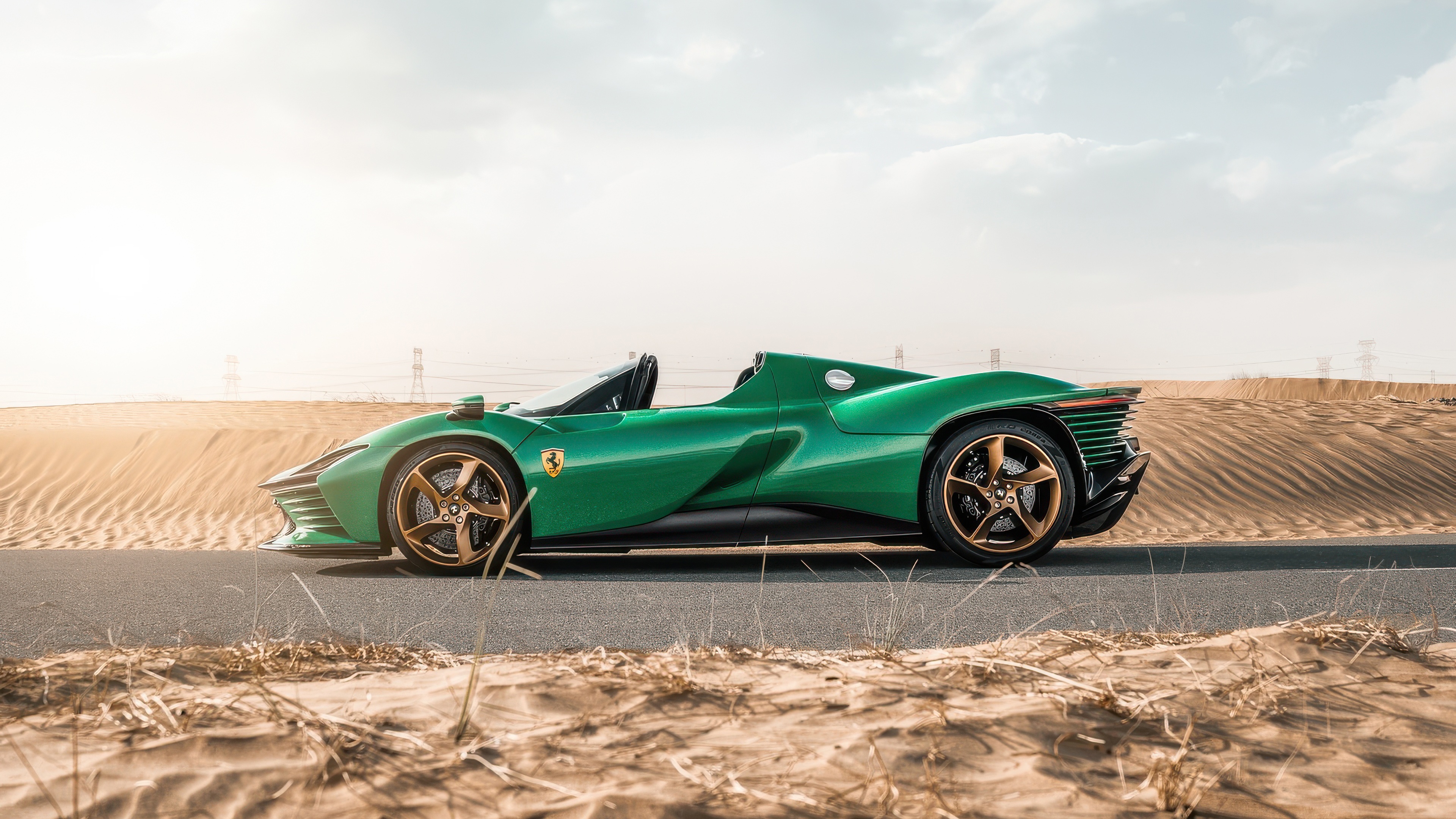 Green Ferrari Daytona SP3 in Desert Landscape HD Wallpaper