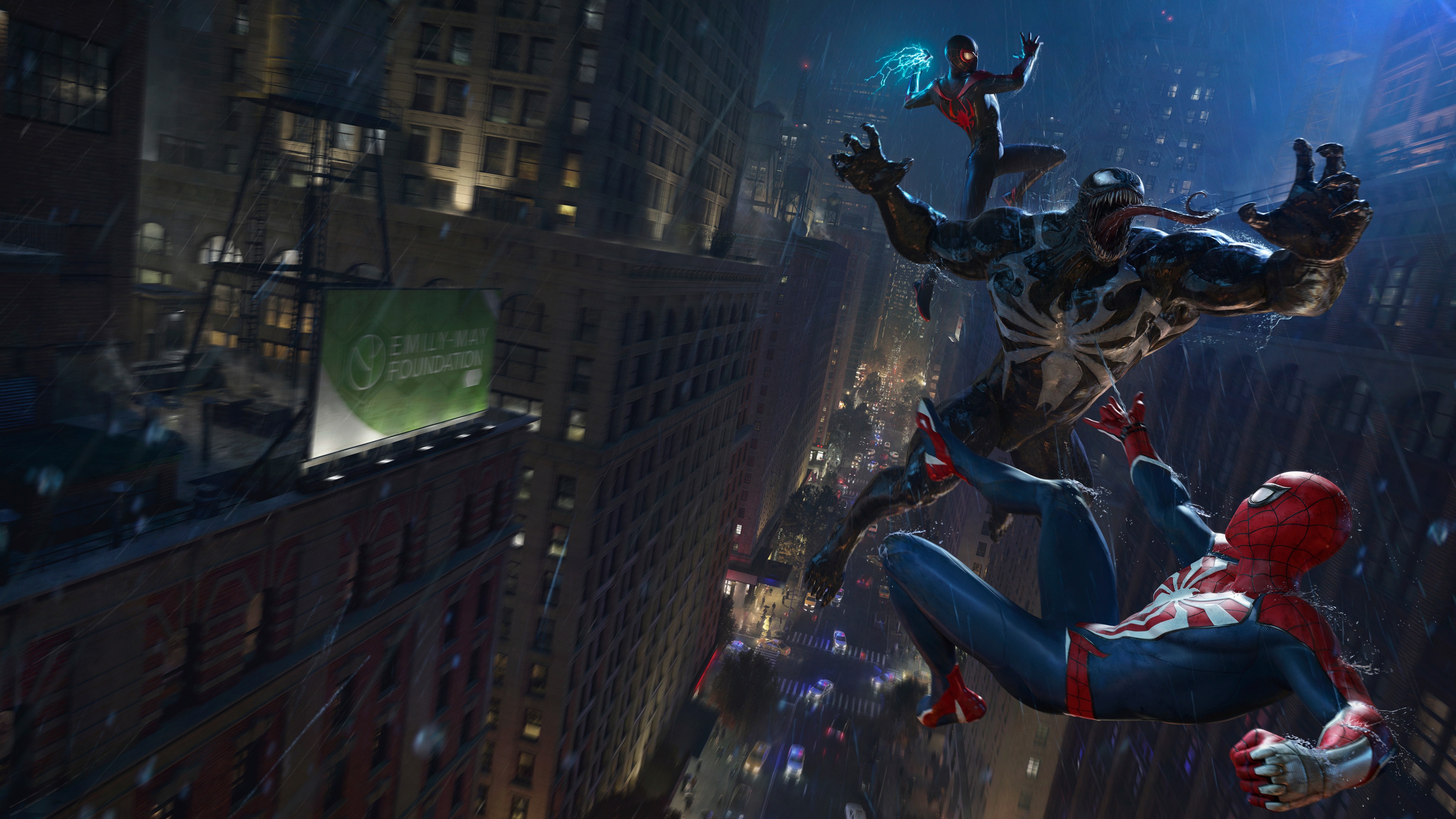 Marvel's Spider-Man 2: Venom and Spider-Men fight in city HD Wallpaper