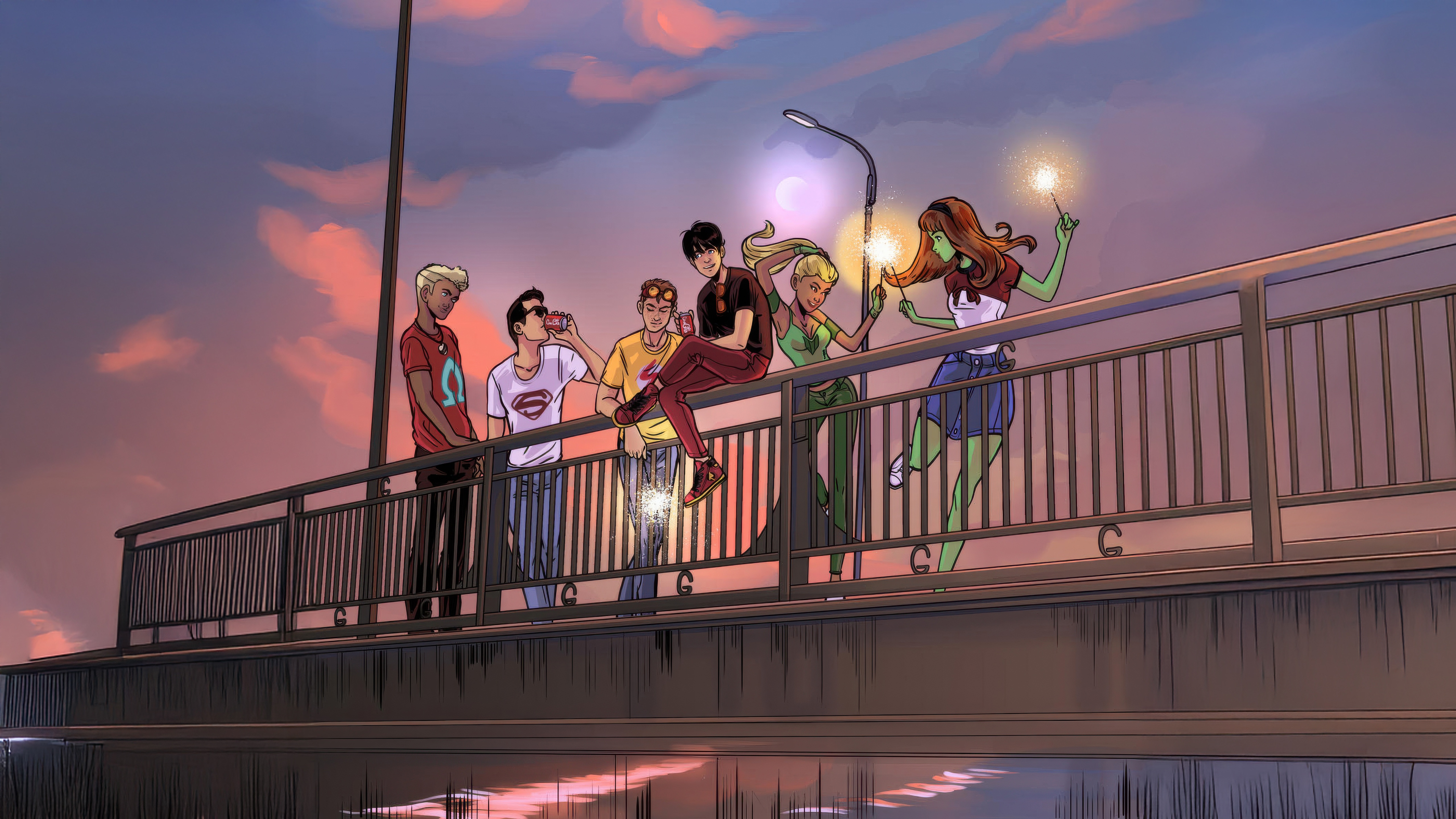 Young Justice characters celebrate Fourth of July on a bridge HD Wallpaper