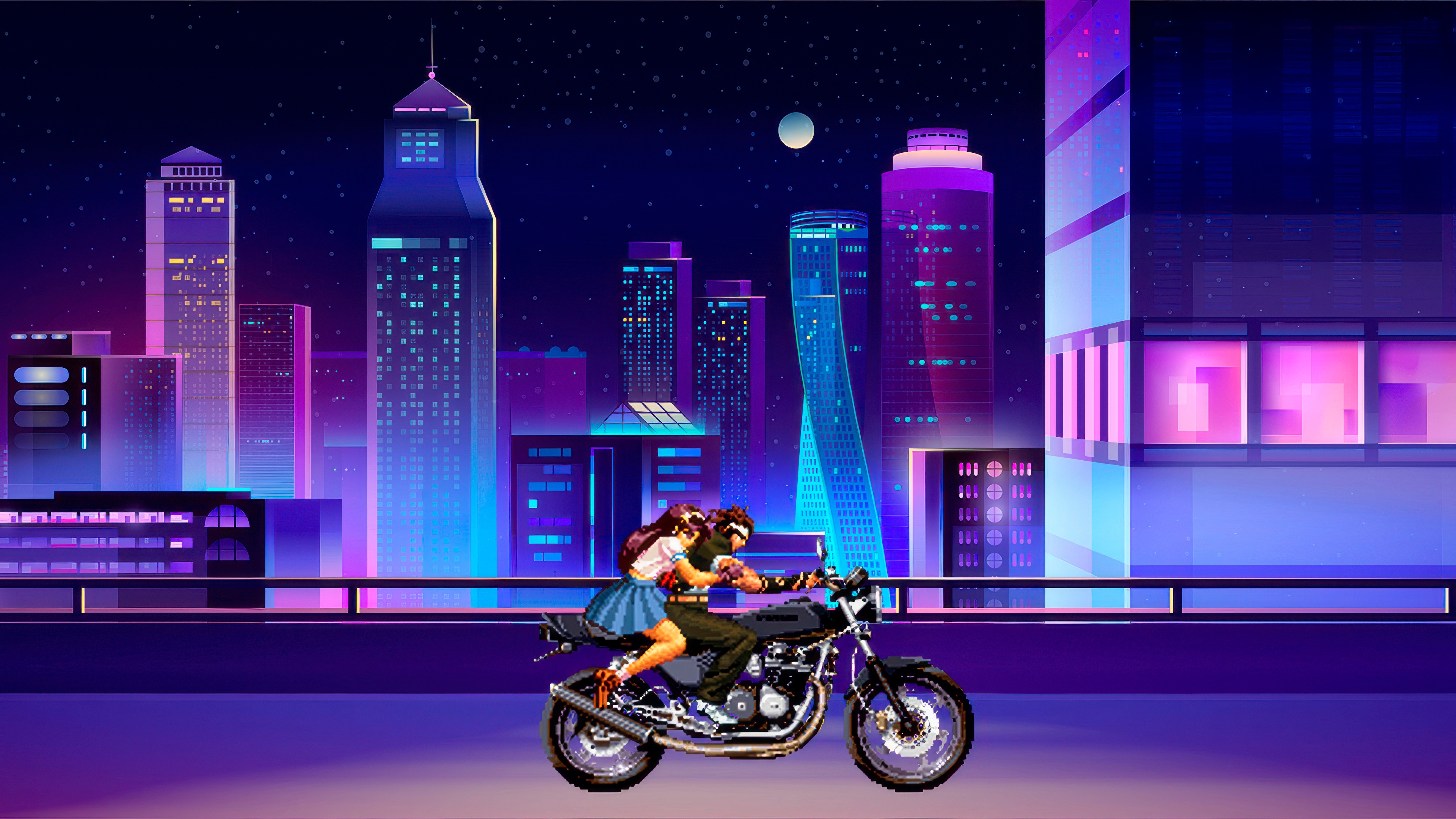 Kyo and Athena ride a motorcycle through a neon city at night. HD Wallpaper