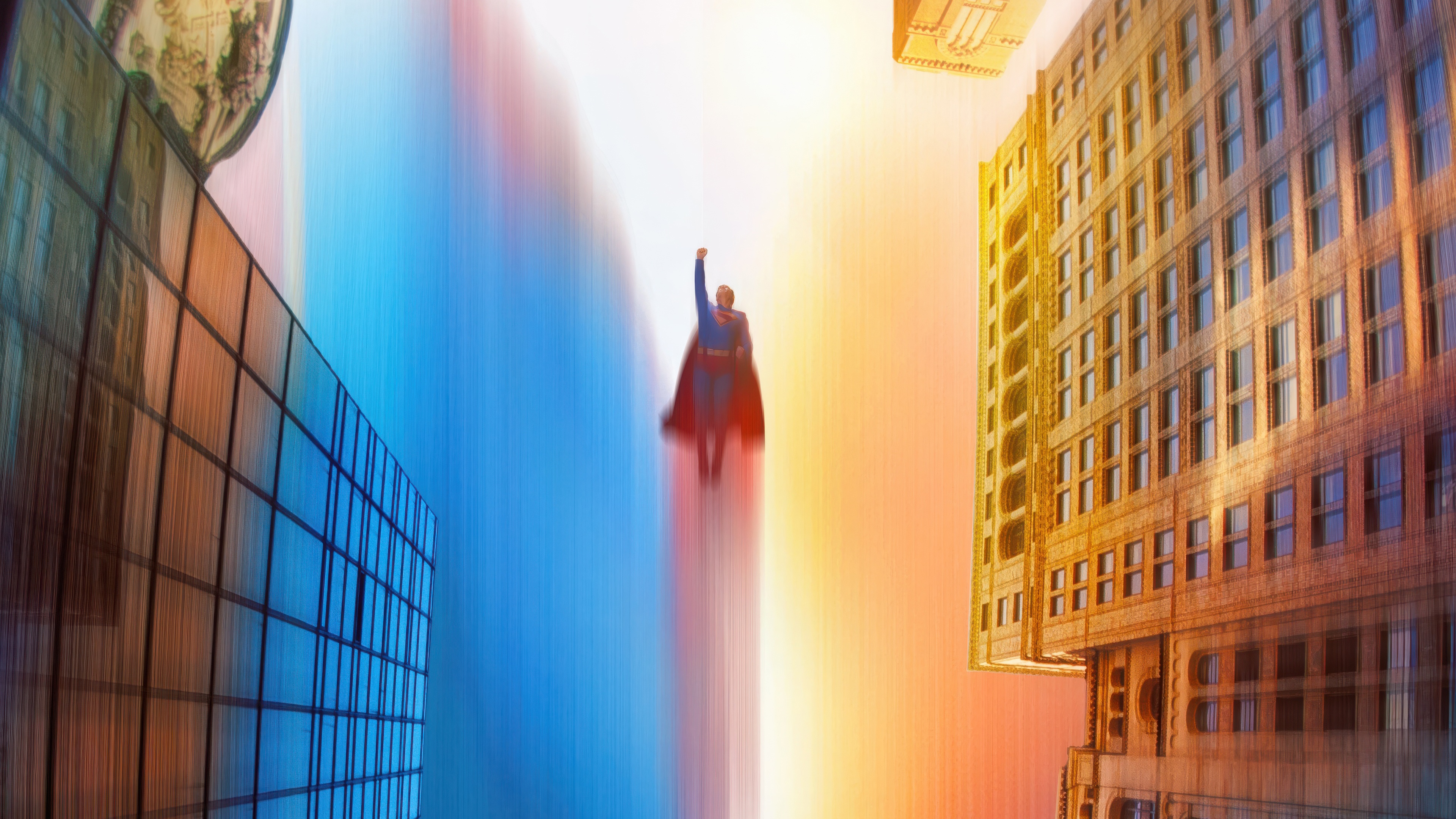 Superman flying through a city HD Wallpaper