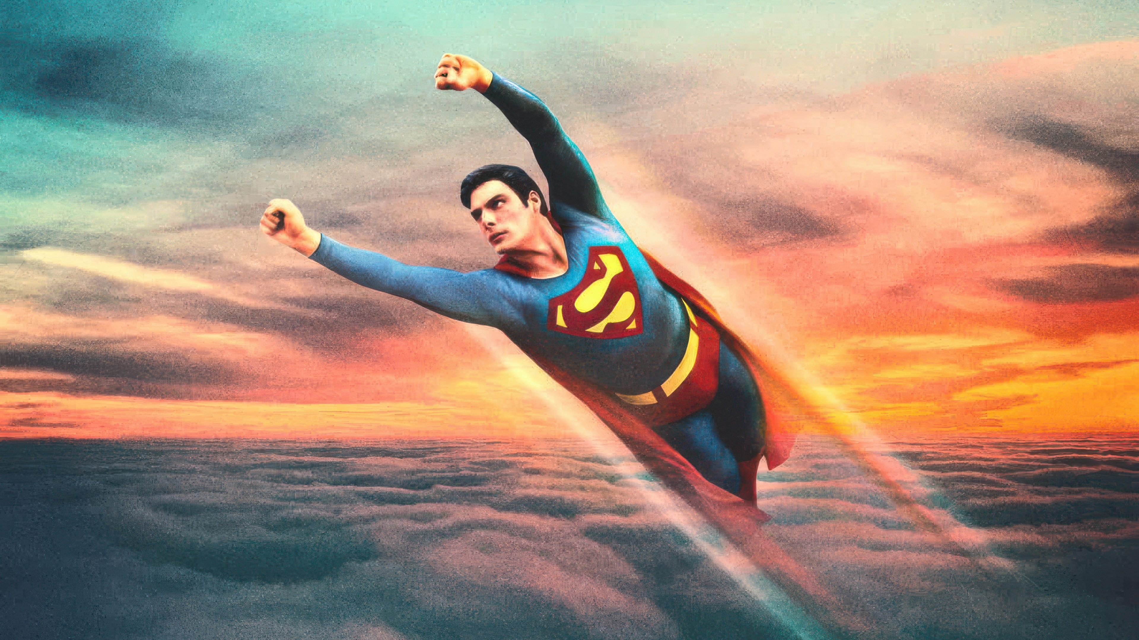 Superman Flying Through Clouds at Sunset HD Wallpaper