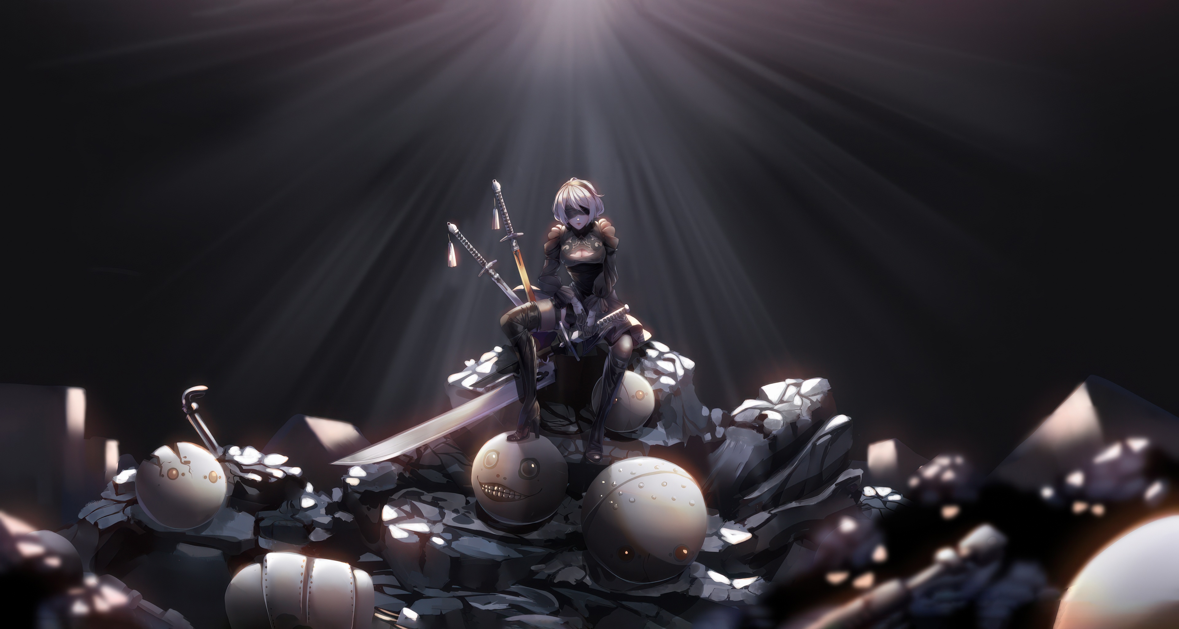 2B sits on debris with swords and pods HD Wallpaper