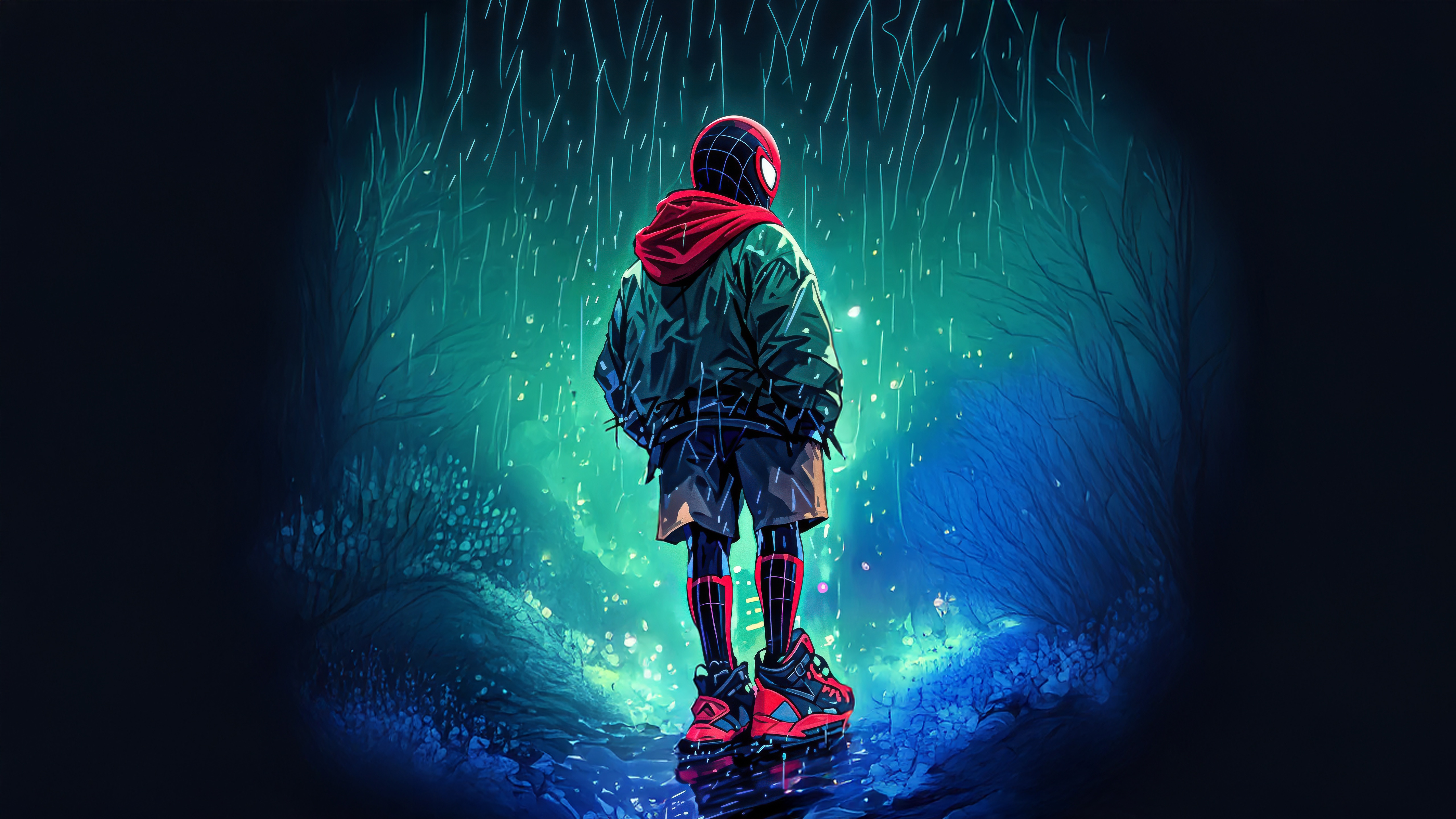 Miles Morales in a rainy forest HD Wallpaper