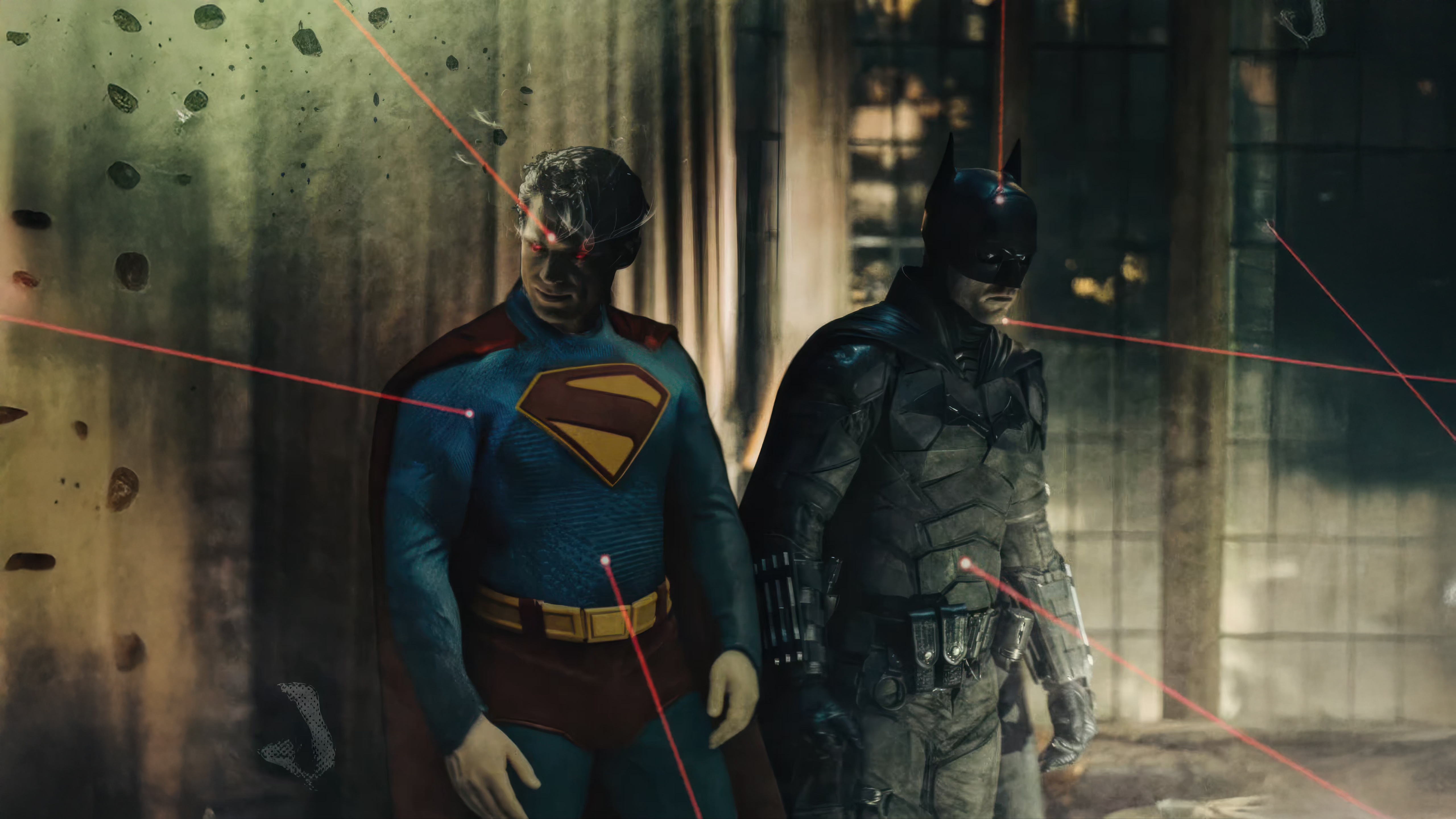 Batman and Superman with red laser beams HD Wallpaper