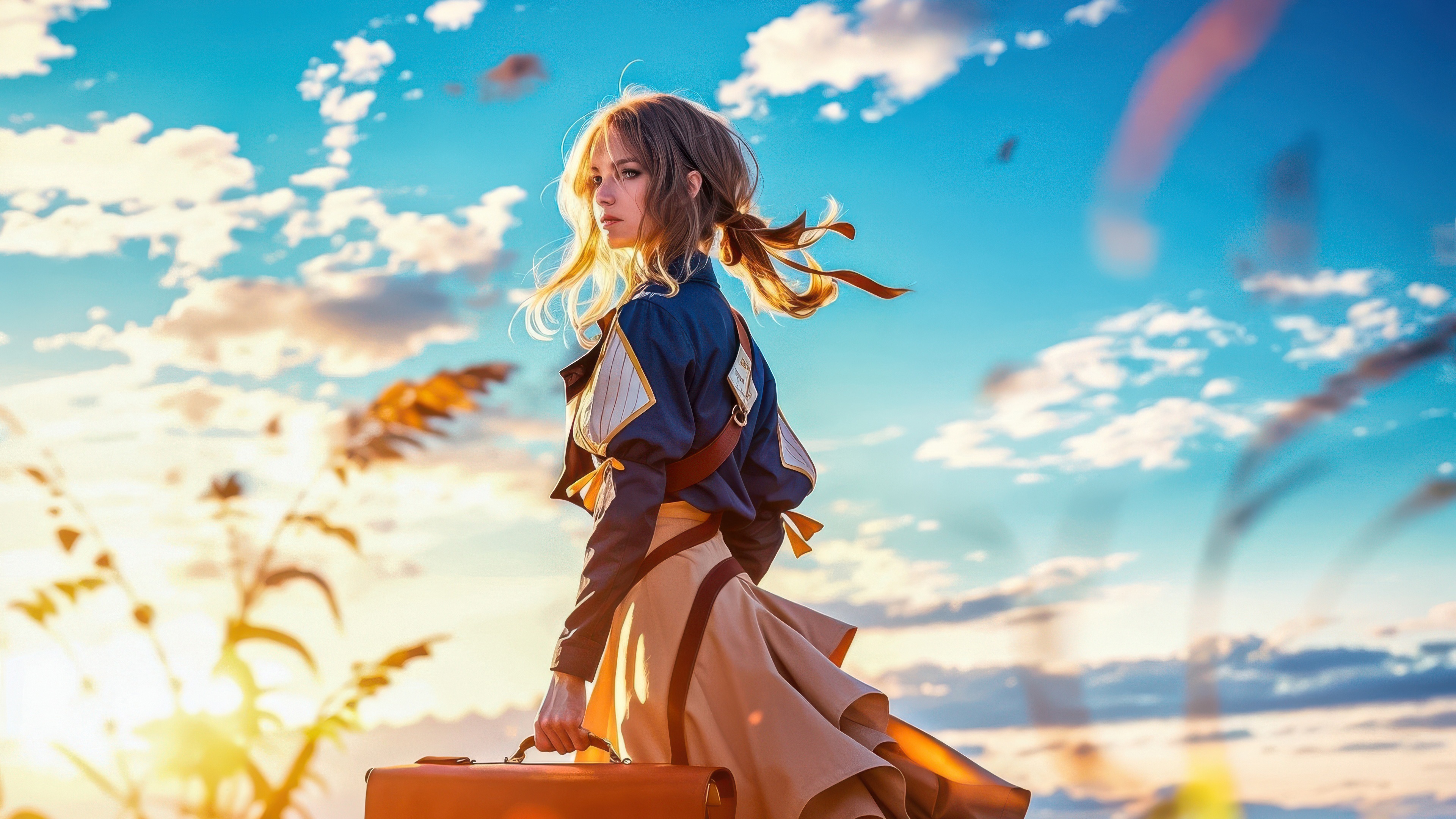 Anime Girl with Suitcase in a Field HD Wallpaper