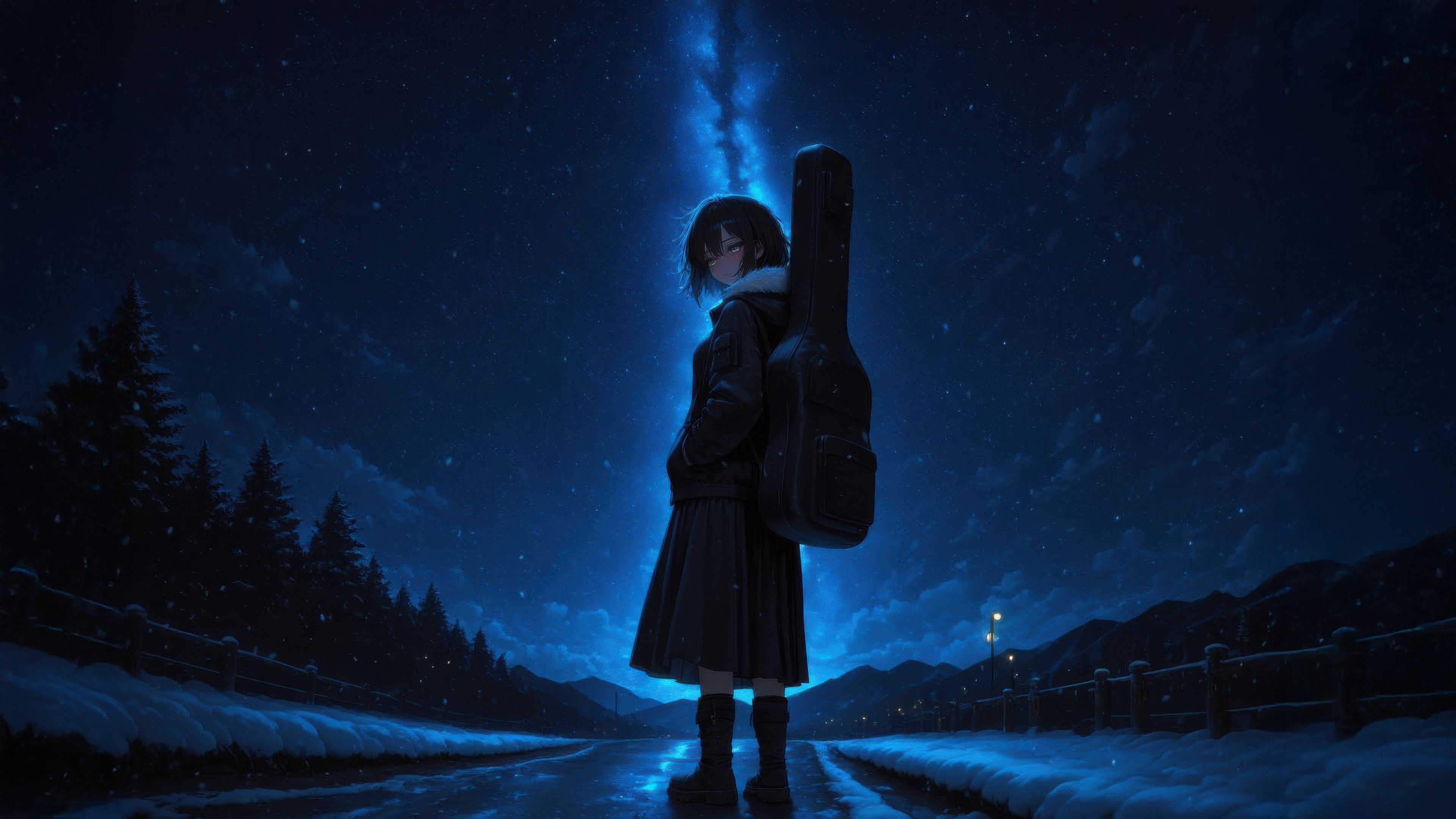 Anime girl with guitar case under starry sky HD Wallpaper