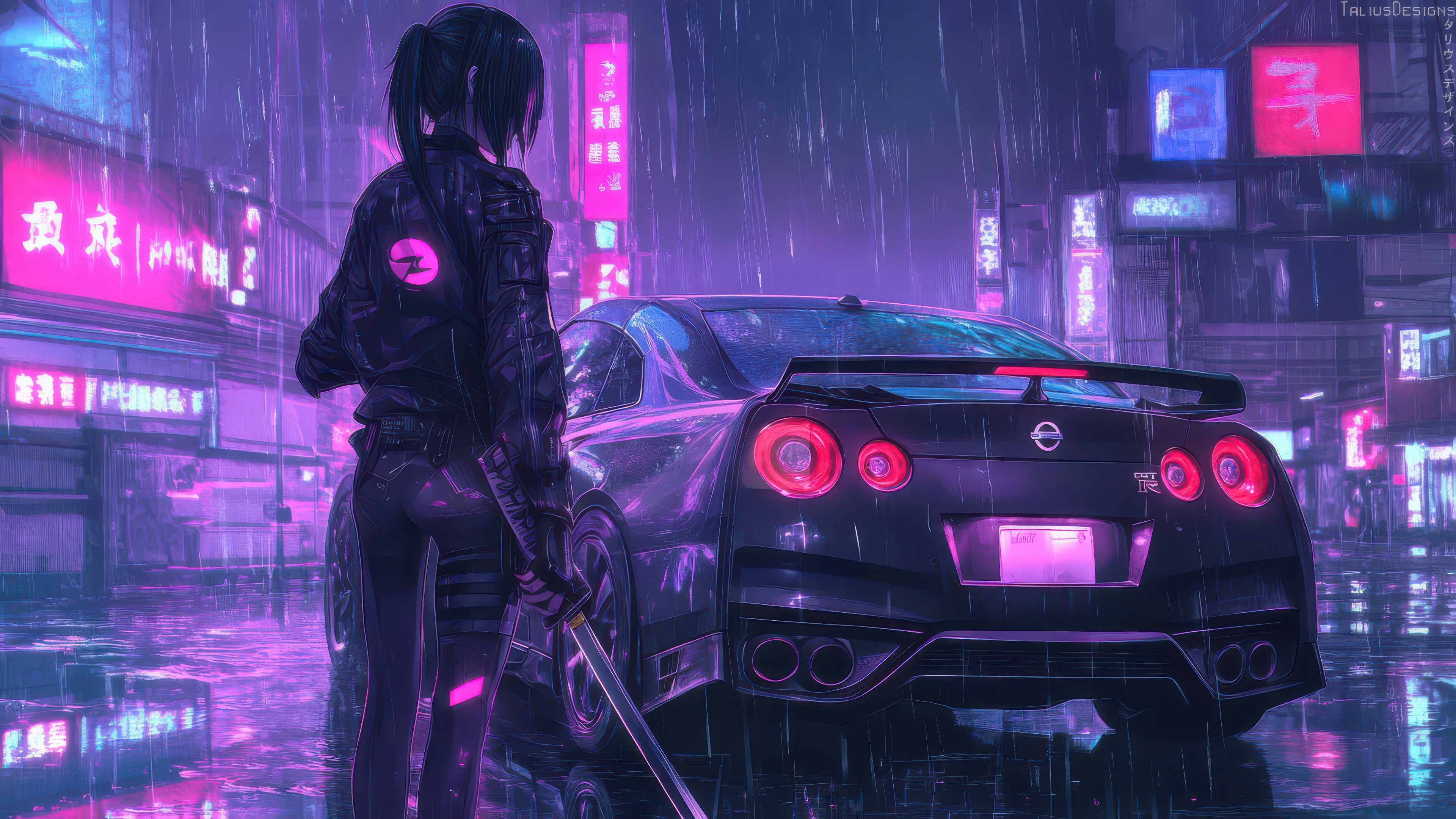 Cyber Samurai with Nissan GTR in Neon City HD Wallpaper