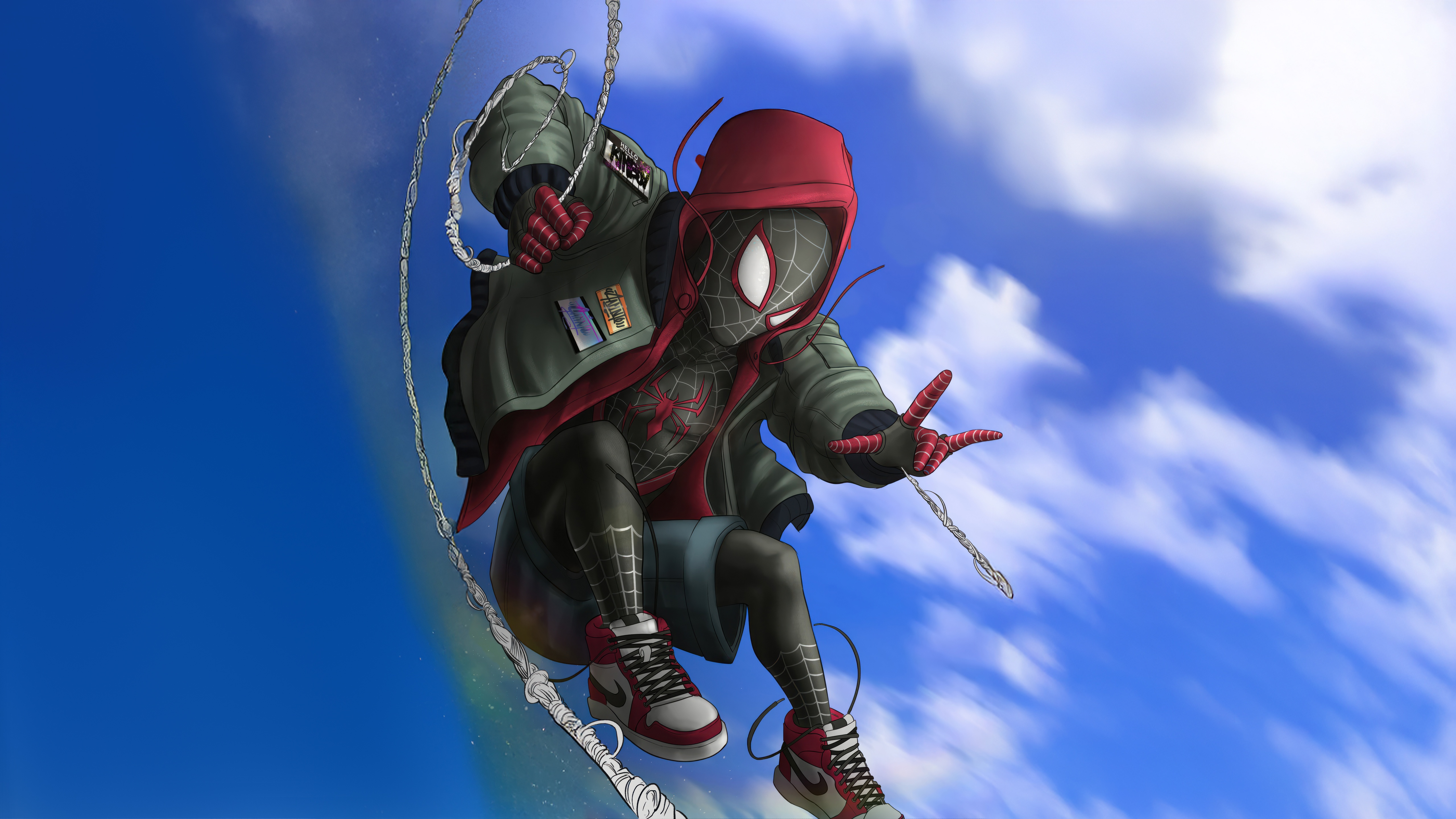 Miles Morales Spider-Man Swinging Through the Sky HD Wallpaper