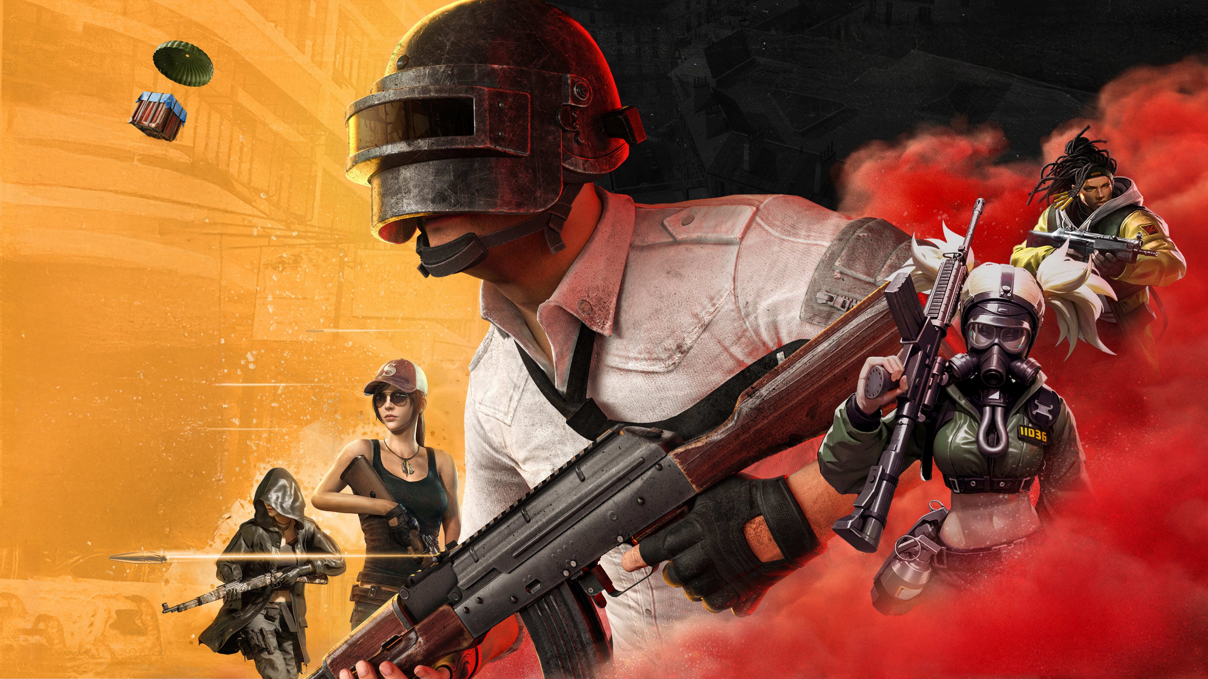 PUBG characters with guns and airdrop HD Wallpaper