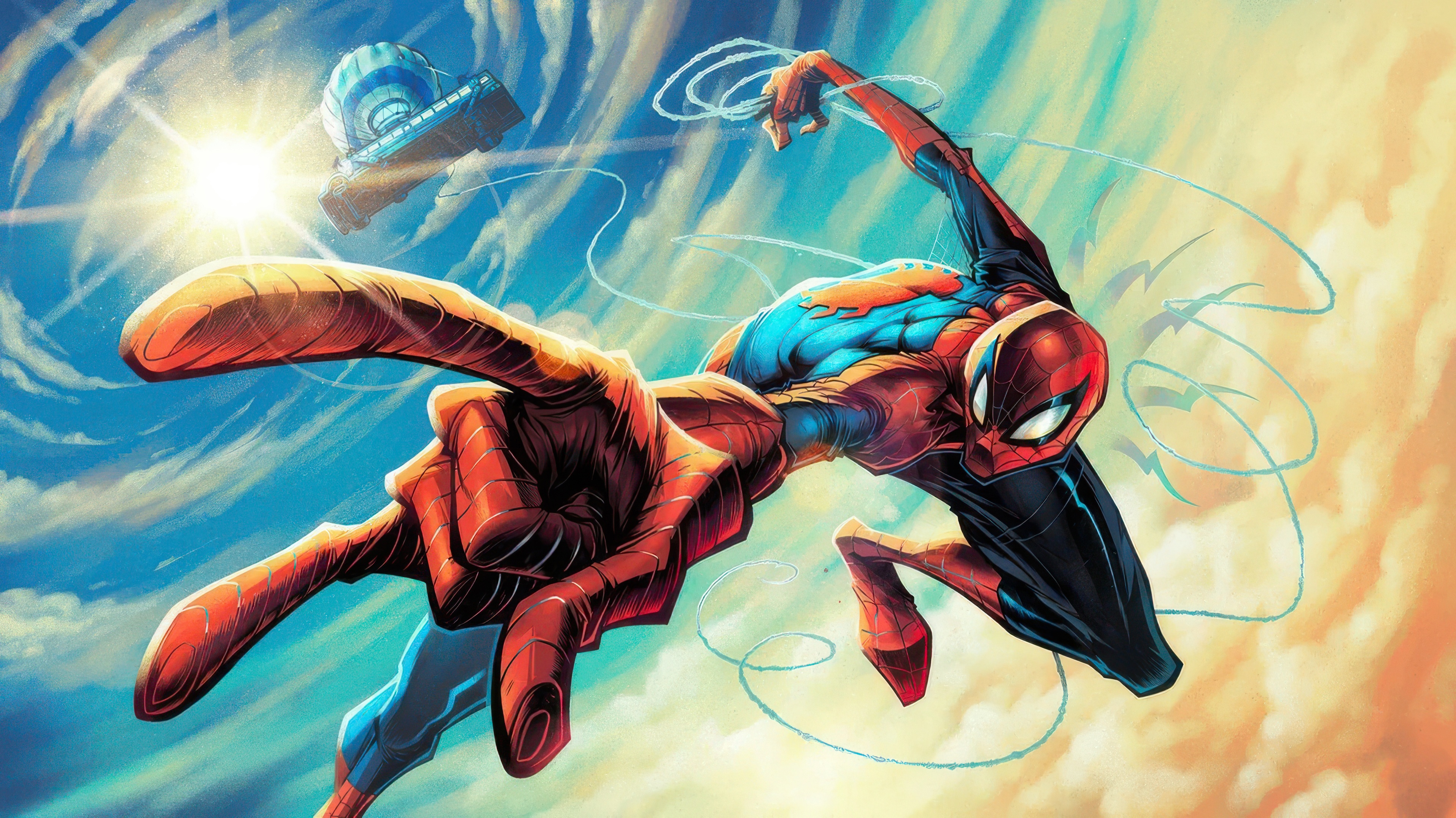 Spider-Man swings through the sky near a blimp HD Wallpaper