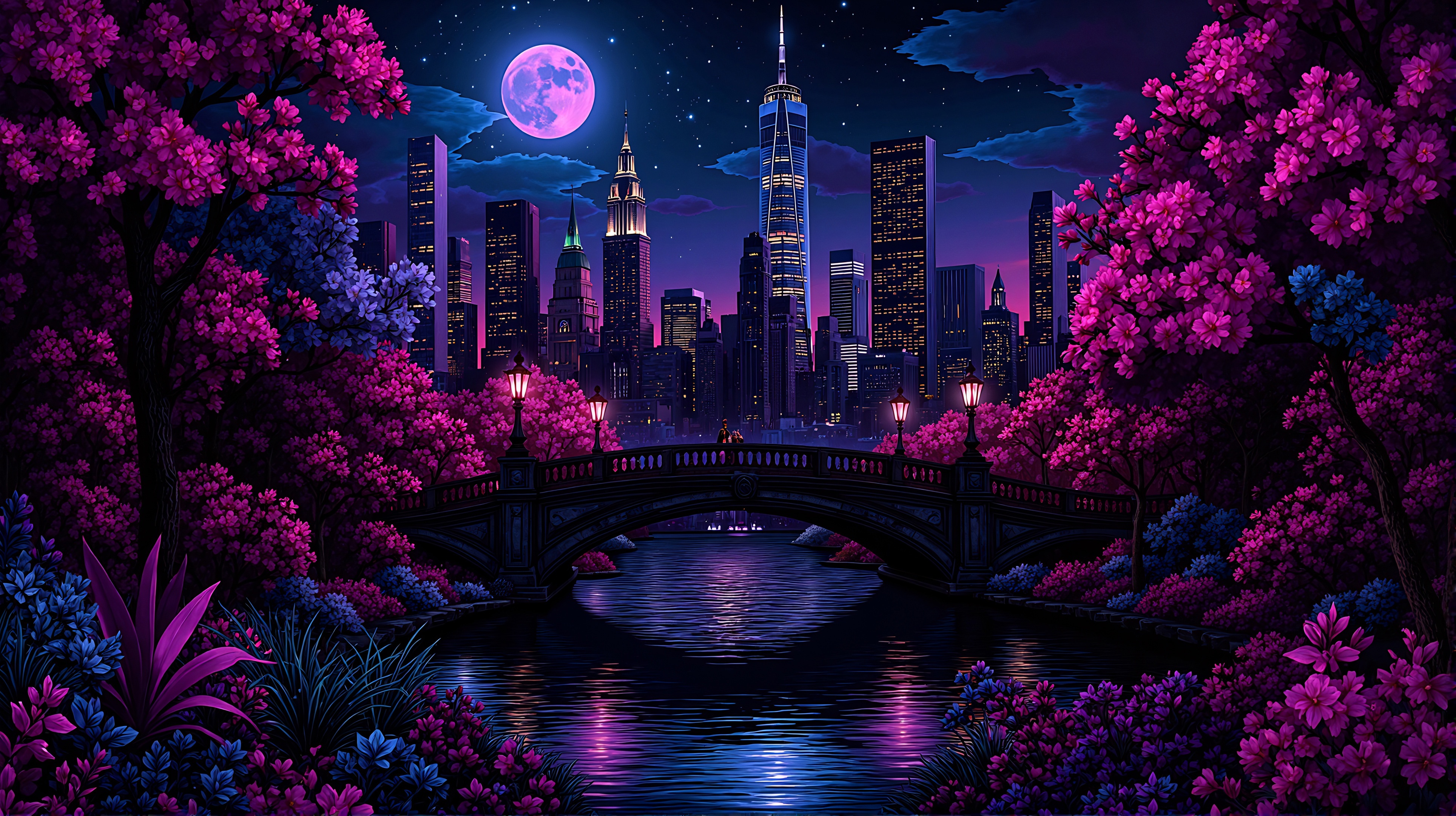 Central Park at Night with Pink Moon and City Skyline HD Wallpaper