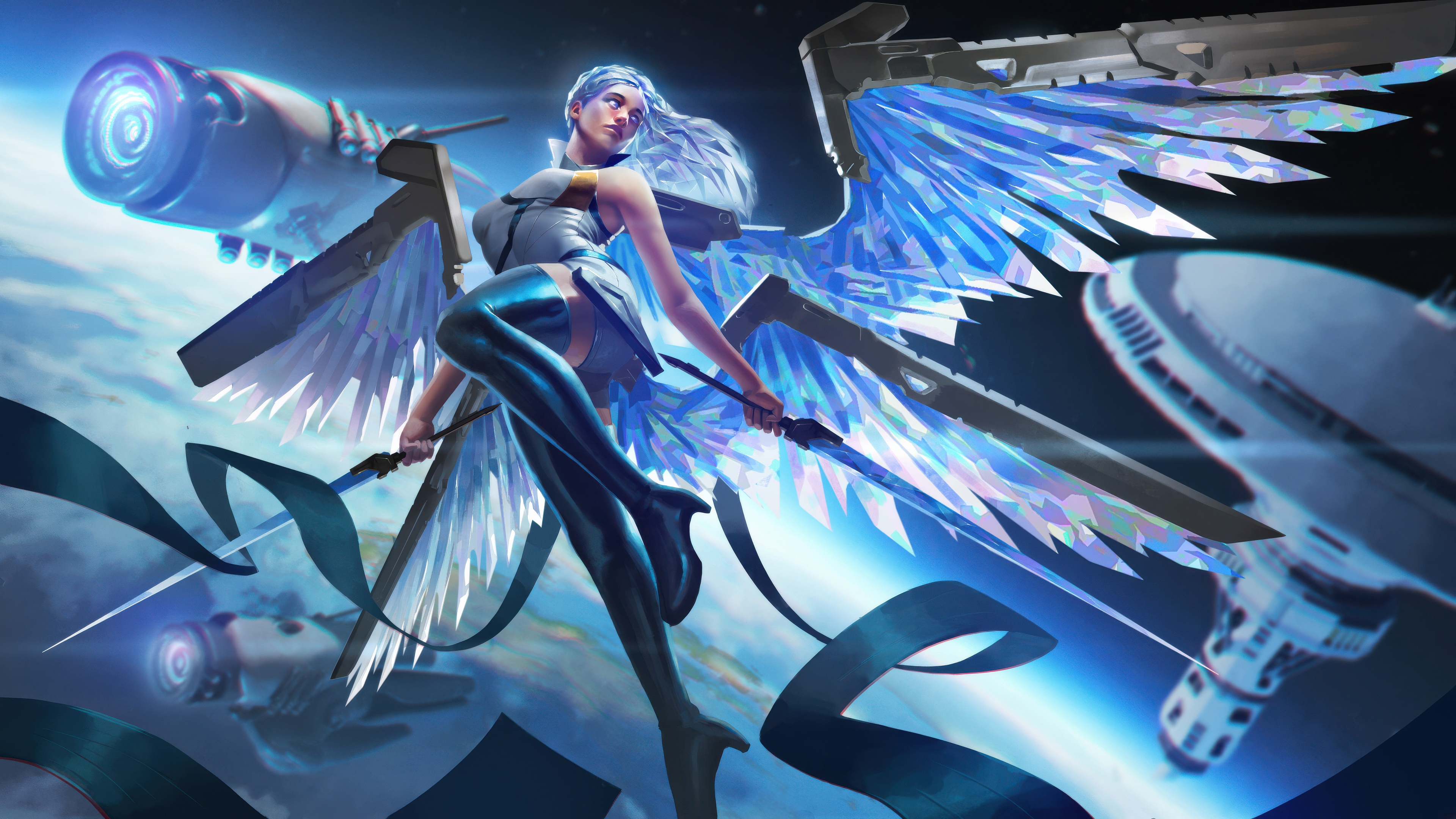 Cyber Halo Valkyrie with Crystal Wings in Space HD Wallpaper