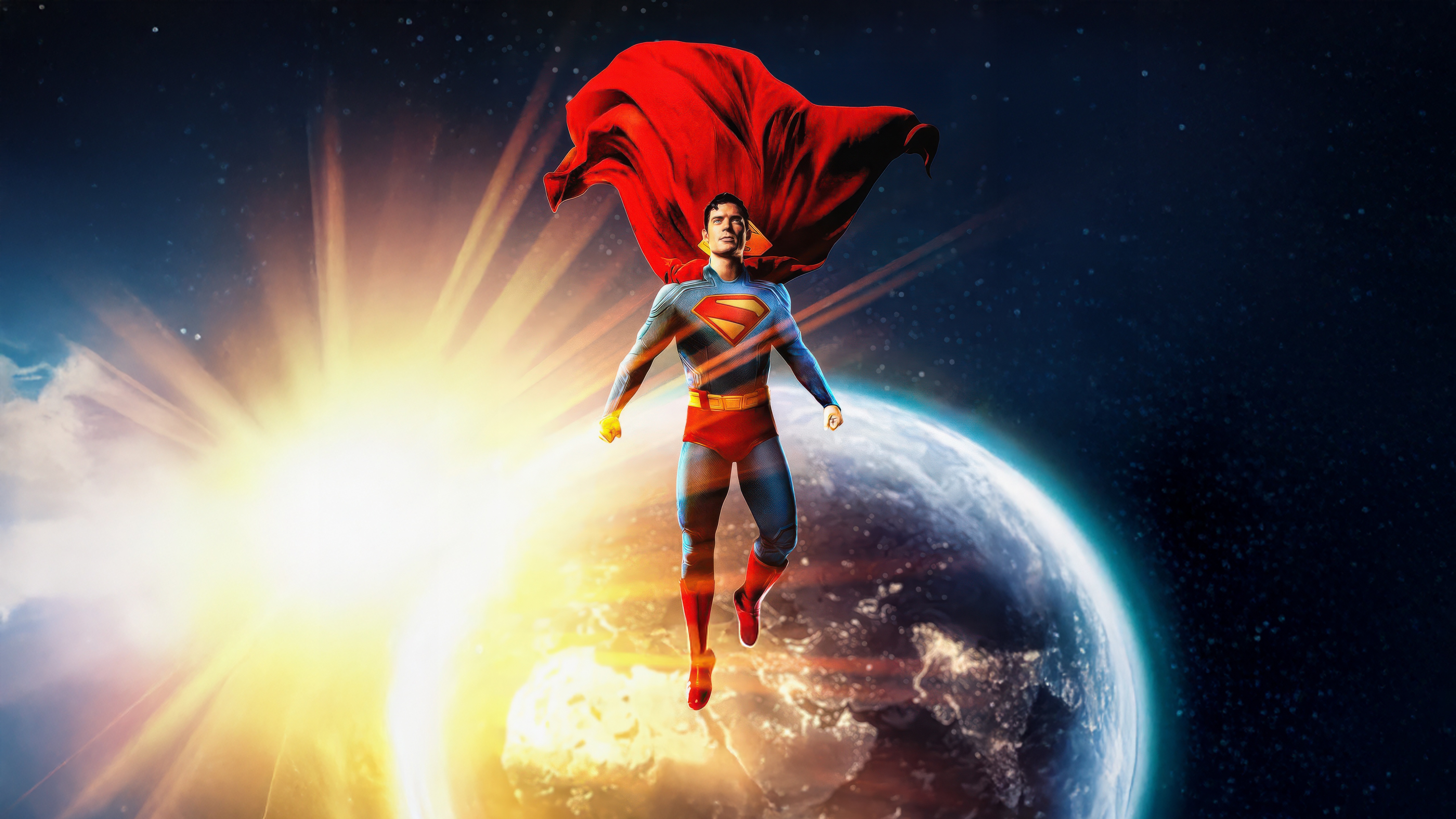 Superman Flying in Space with Earth and Sun HD Wallpaper