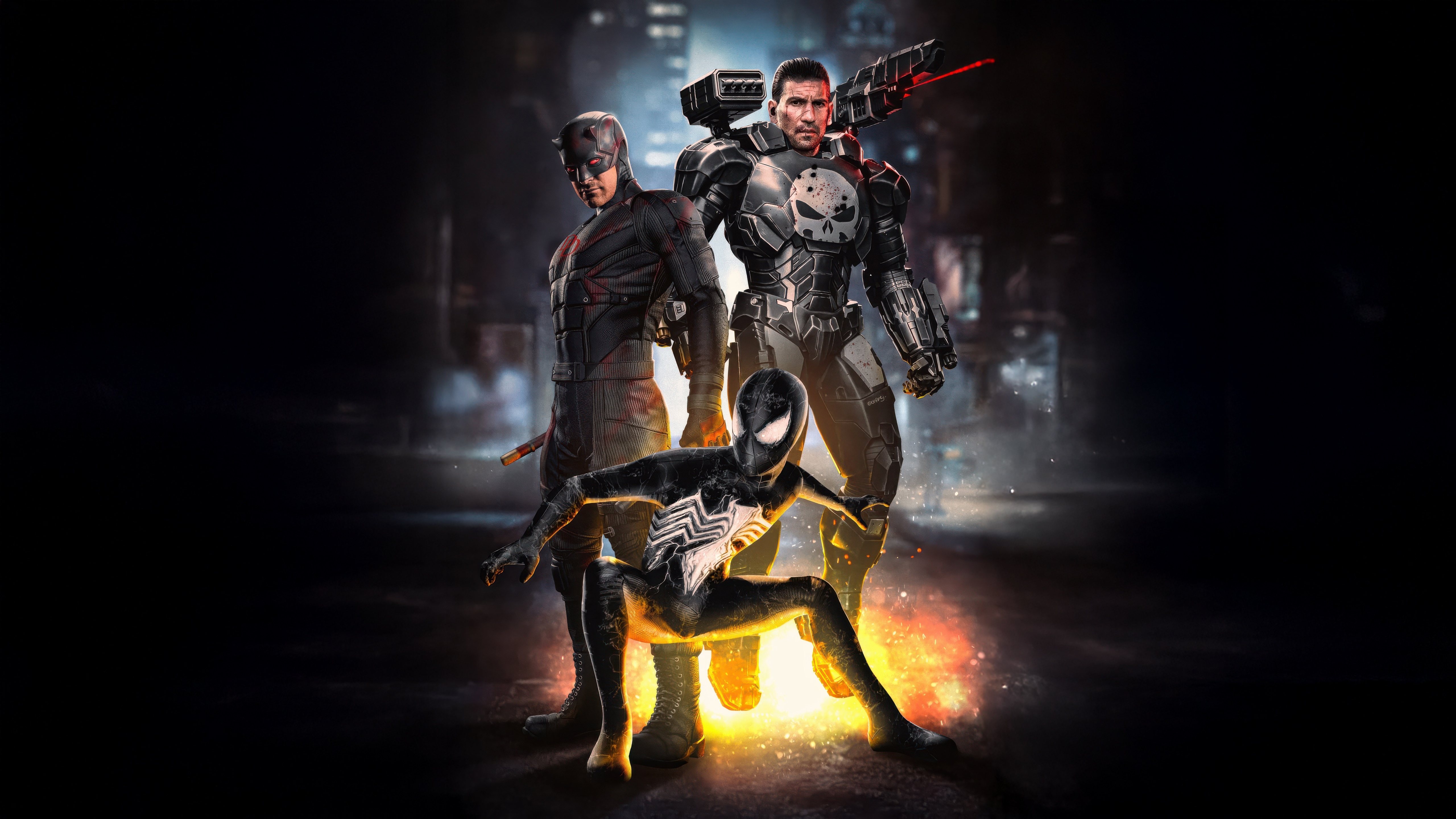 Spider-Man, Daredevil, and Punisher in War Machine Armor HD Wallpaper