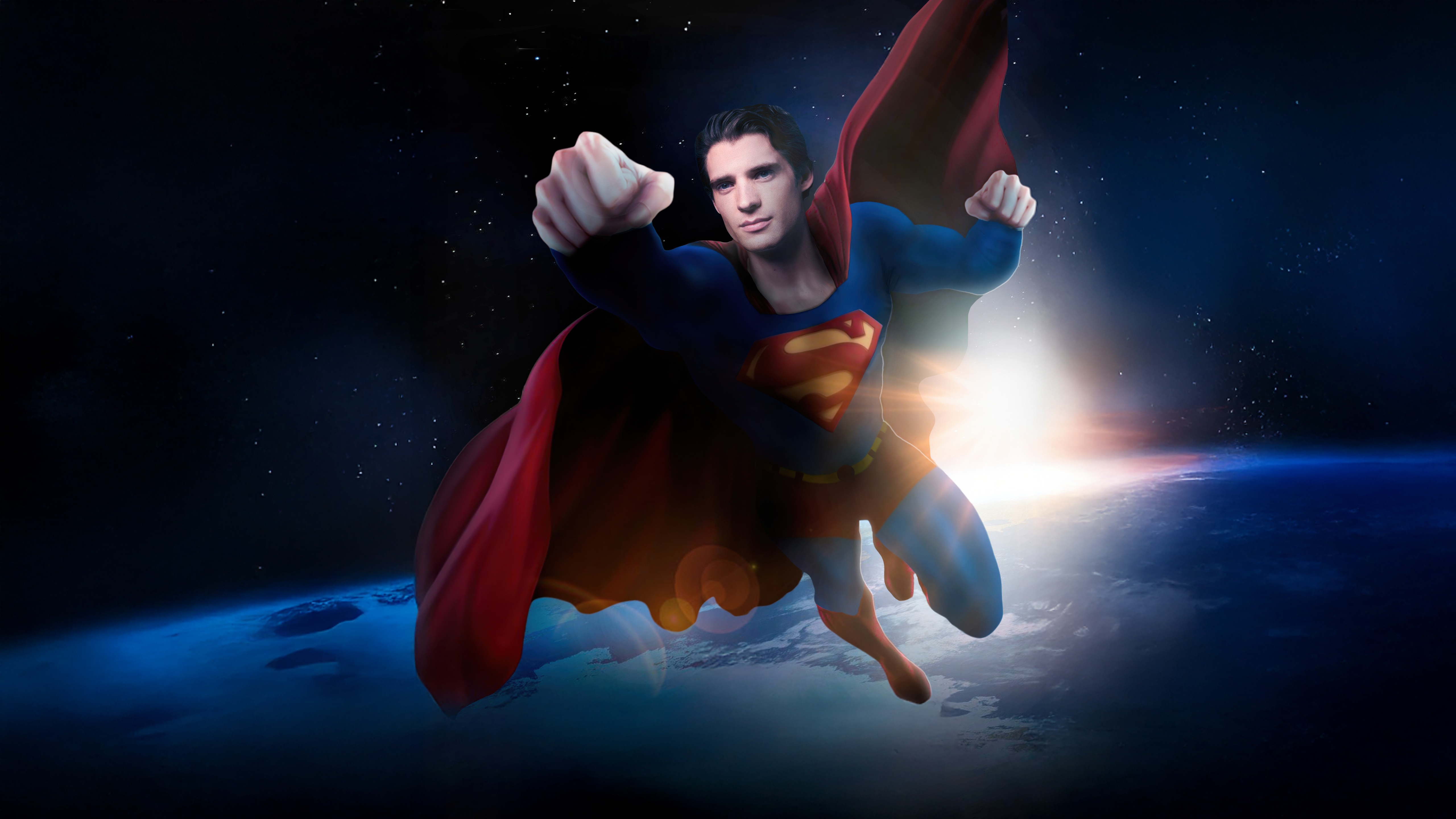 Superman flying over Earth with a sunrise HD Wallpaper