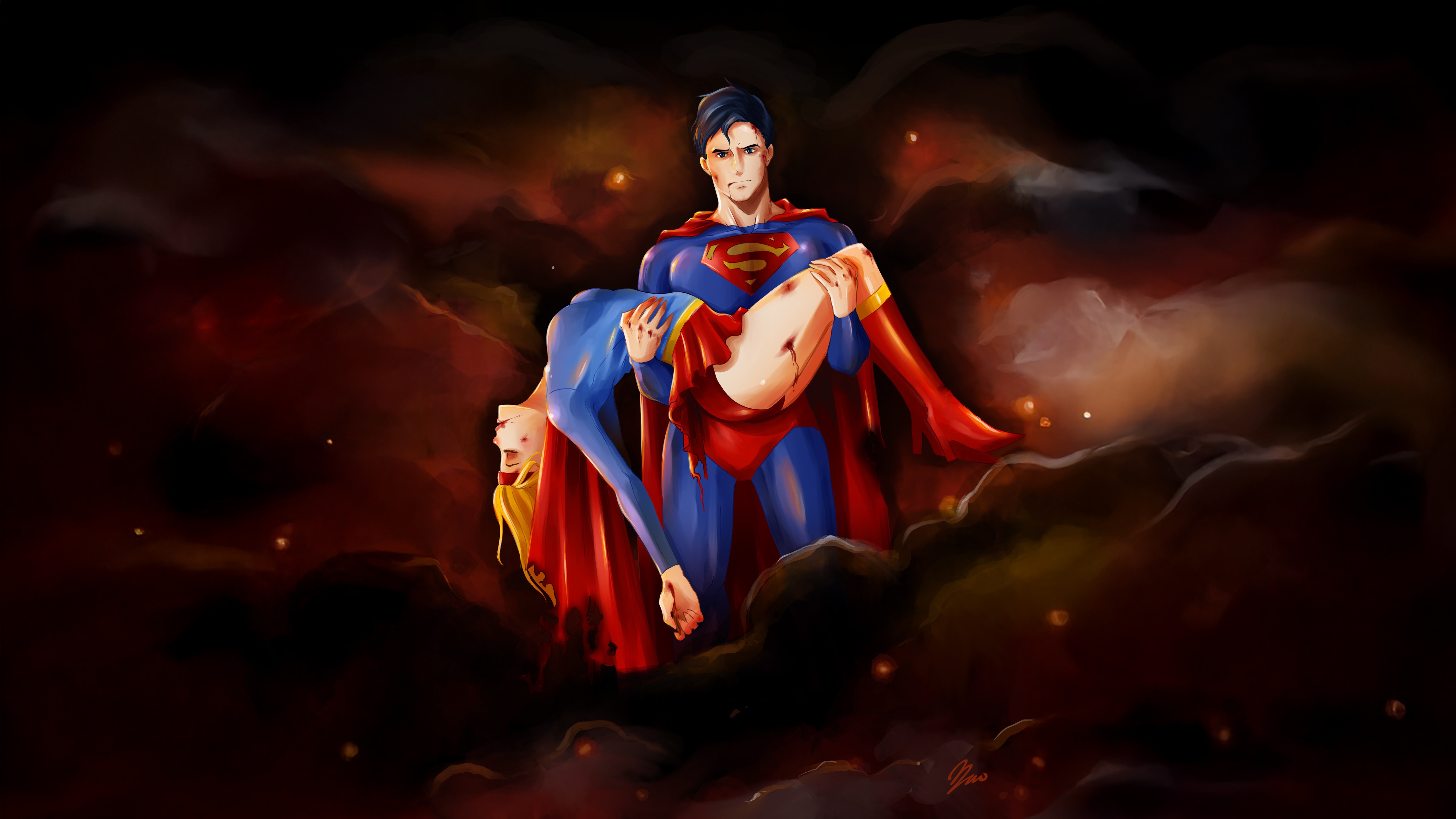 Superman carrying an injured Supergirl through clouds HD Wallpaper