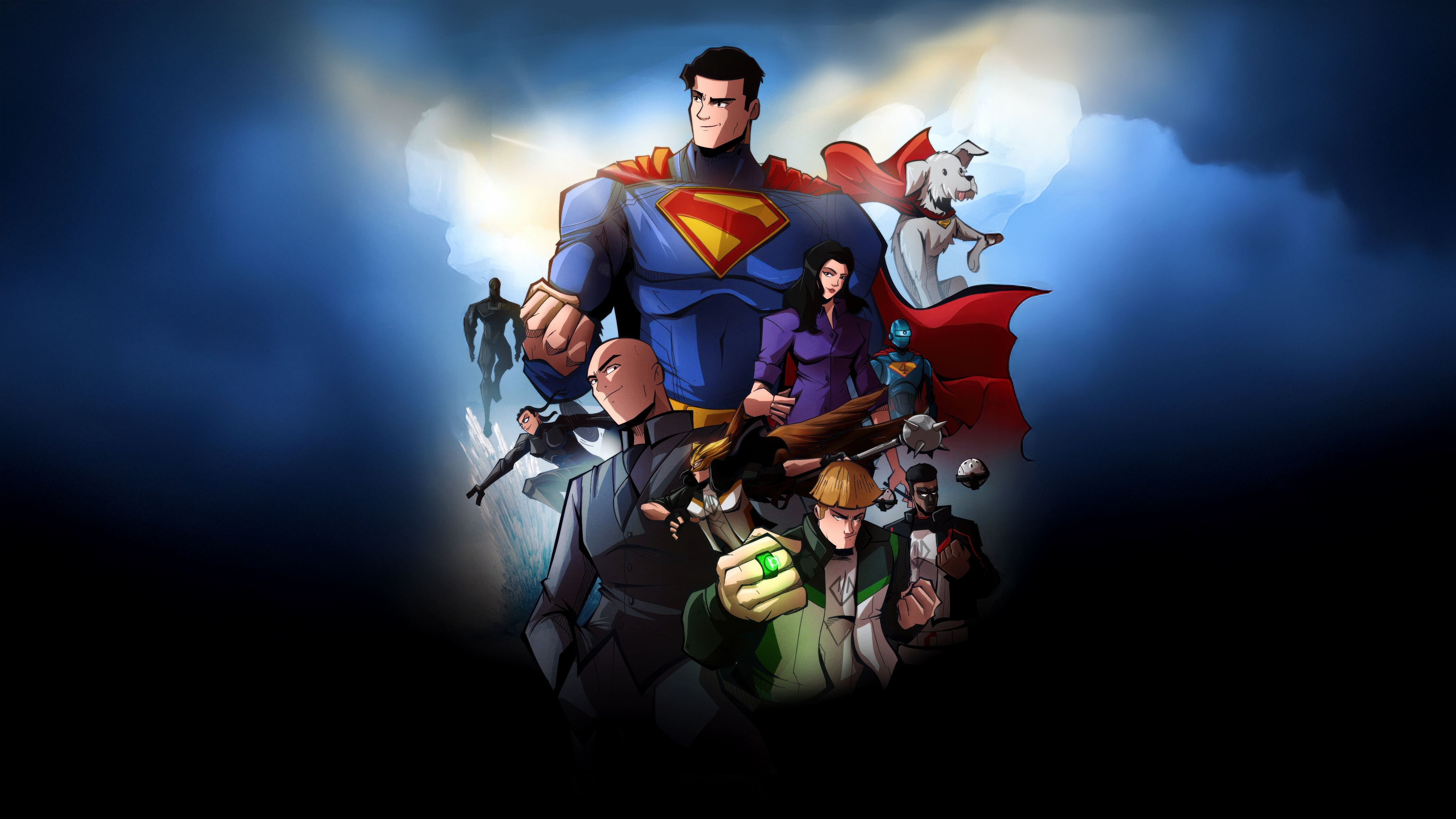 Superman and allies in a comic book style illustration HD Wallpaper