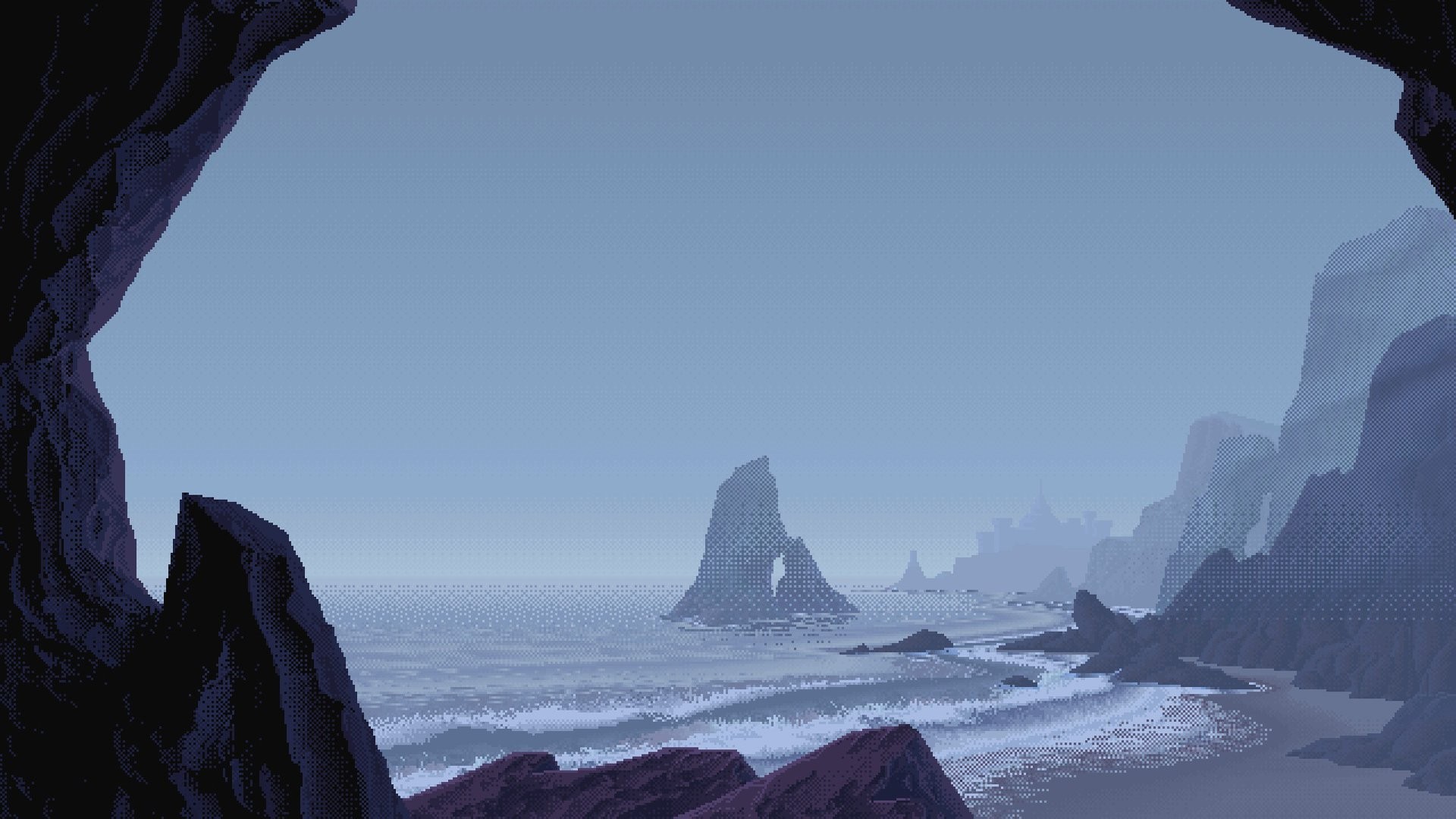 Pixel art sea beach with rock formations HD Wallpaper