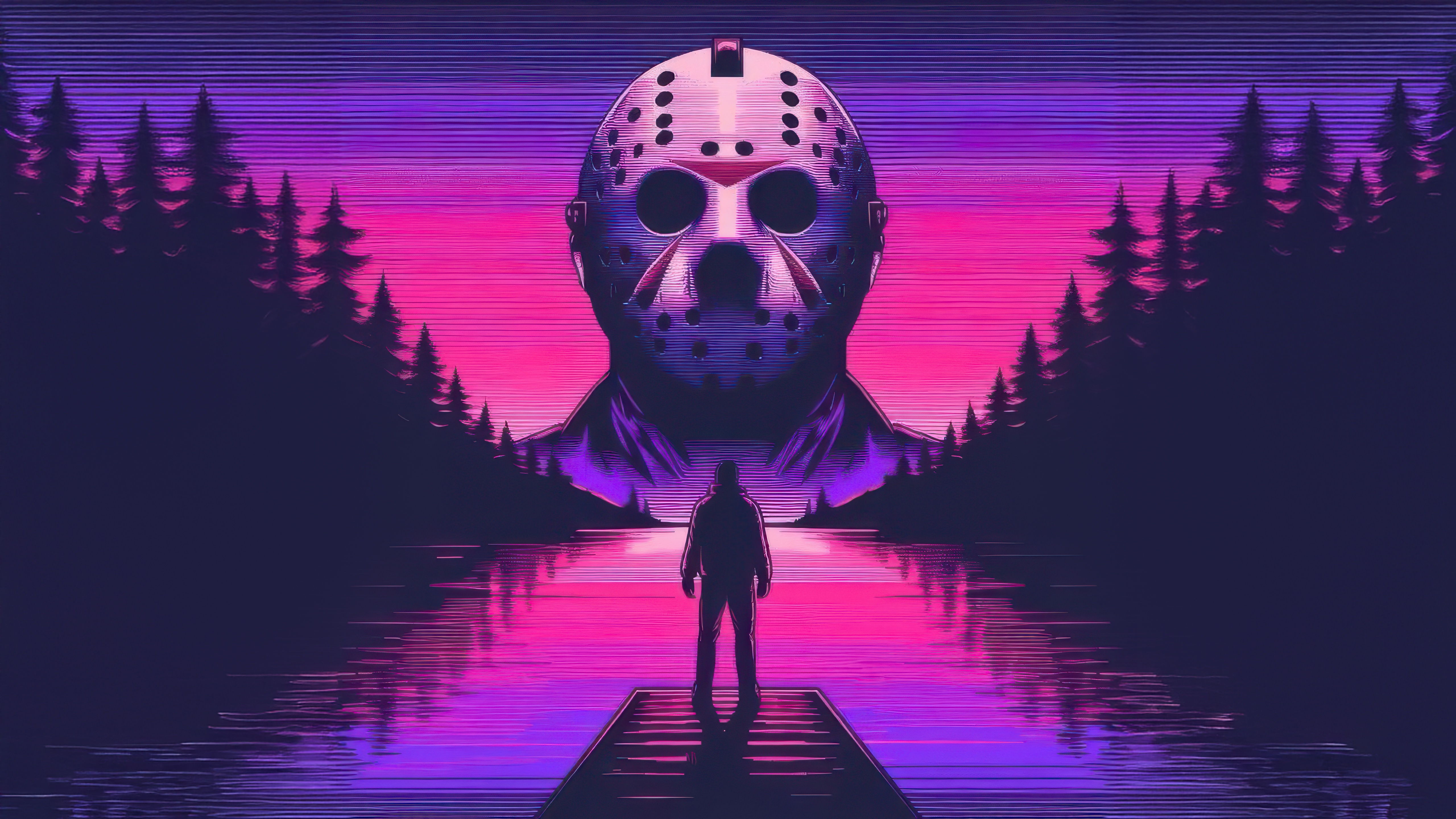 Jason Voorhees in a Retro Sunset Landscape HD Wallpaper