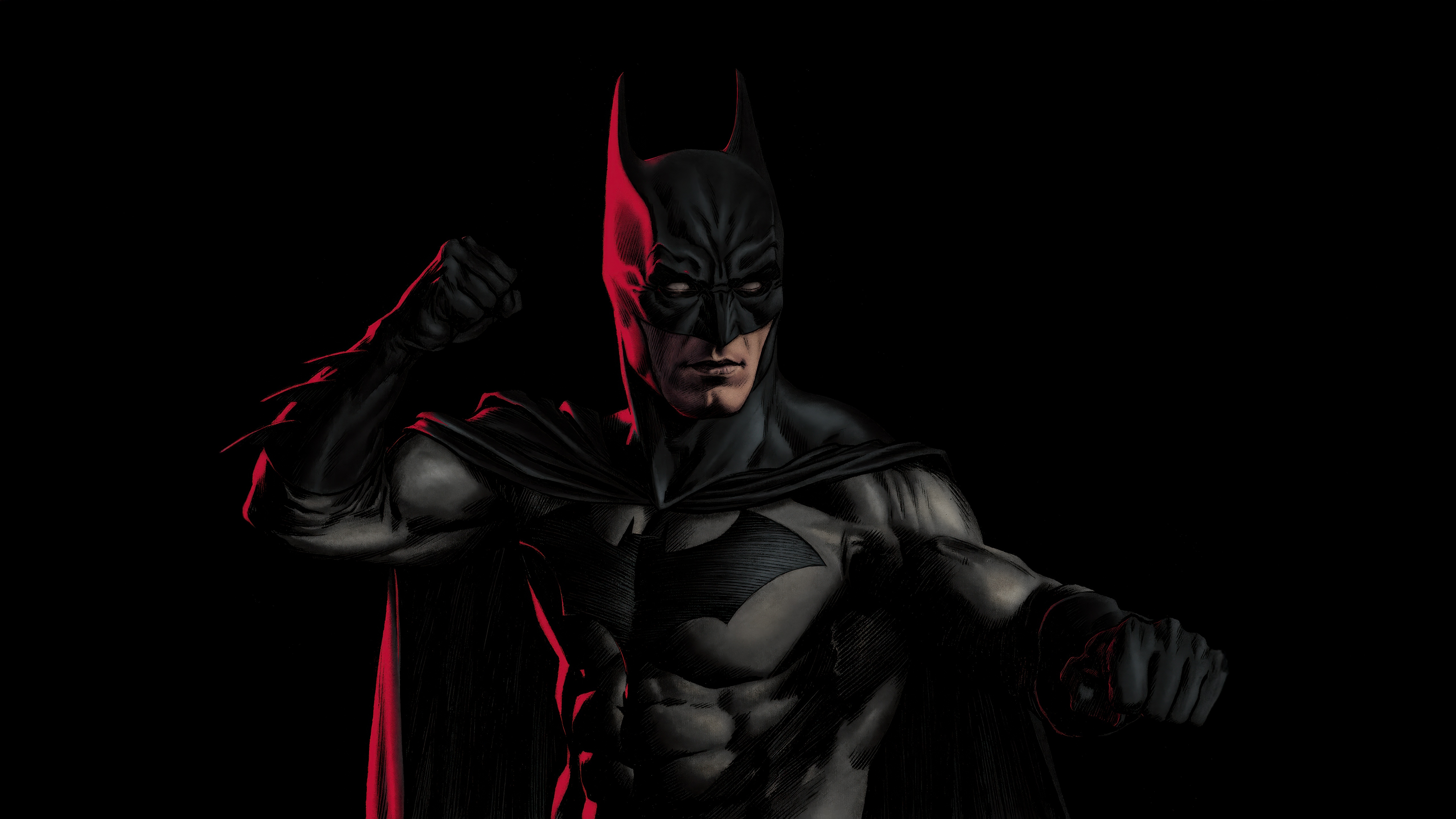 Batman in a fighting stance with red lighting HD Wallpaper