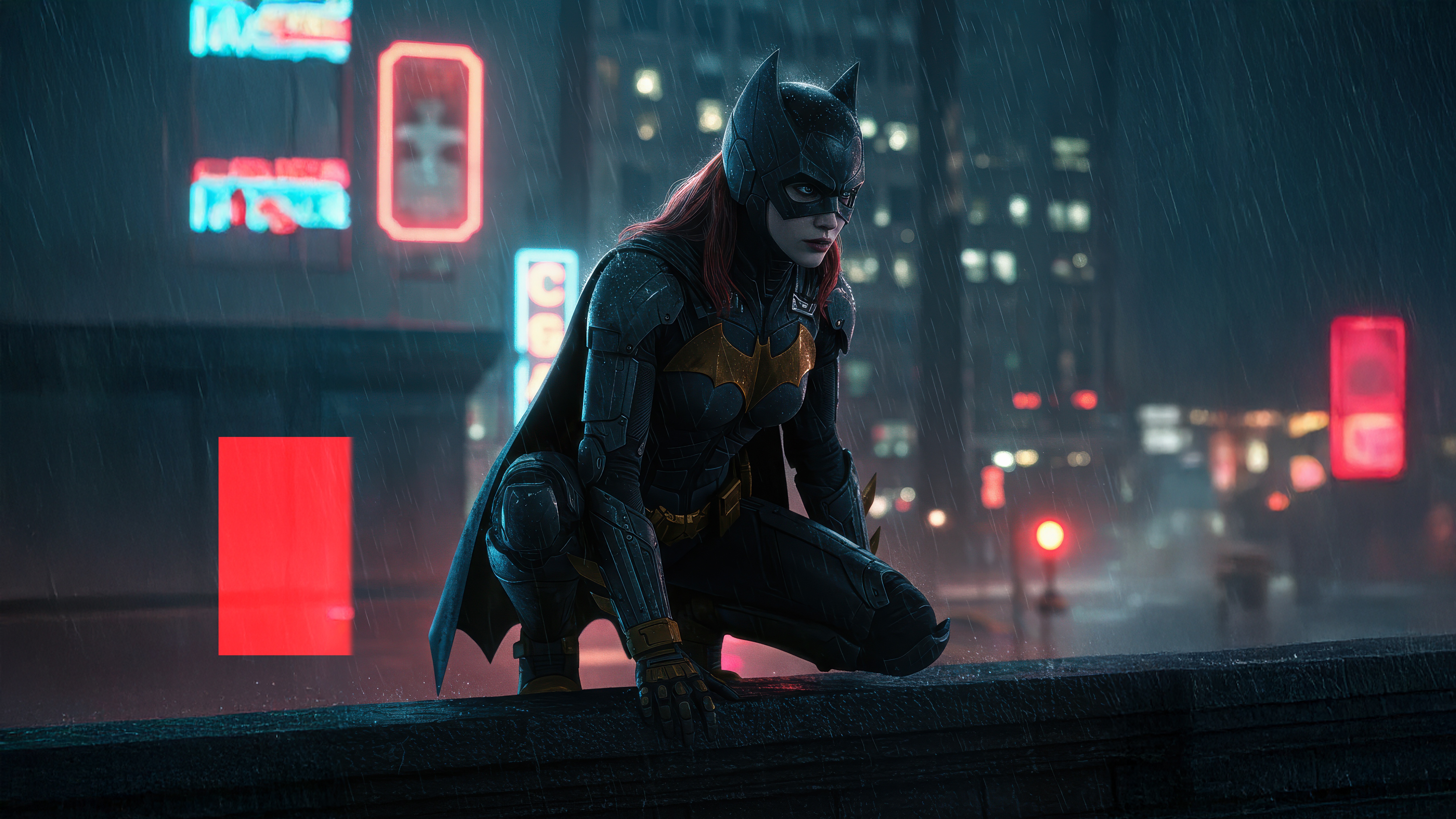 Batgirl Crouching on a Rainy Gotham Rooftop HD Wallpaper
