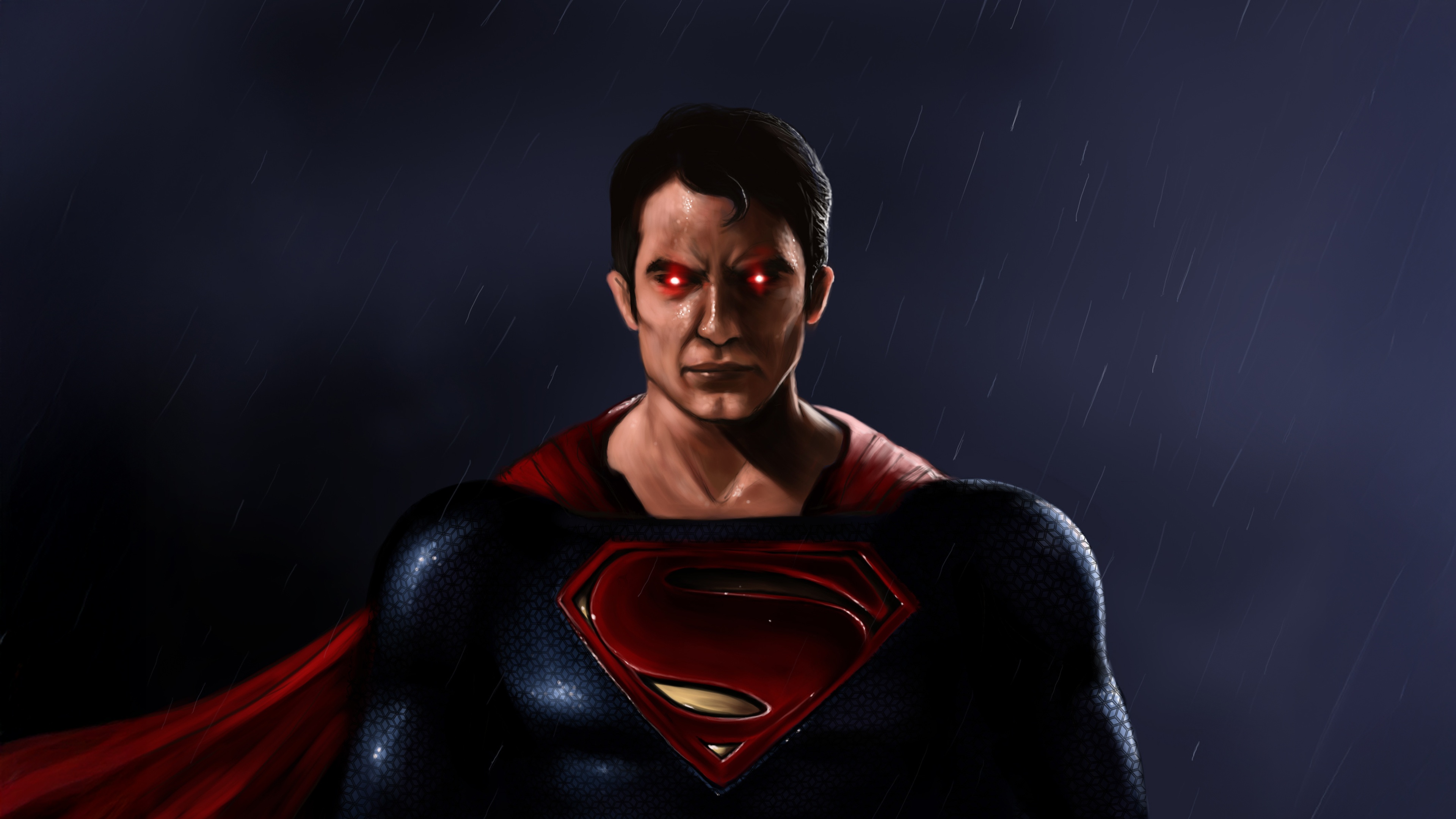 Superman with glowing red eyes in the rain HD Wallpaper