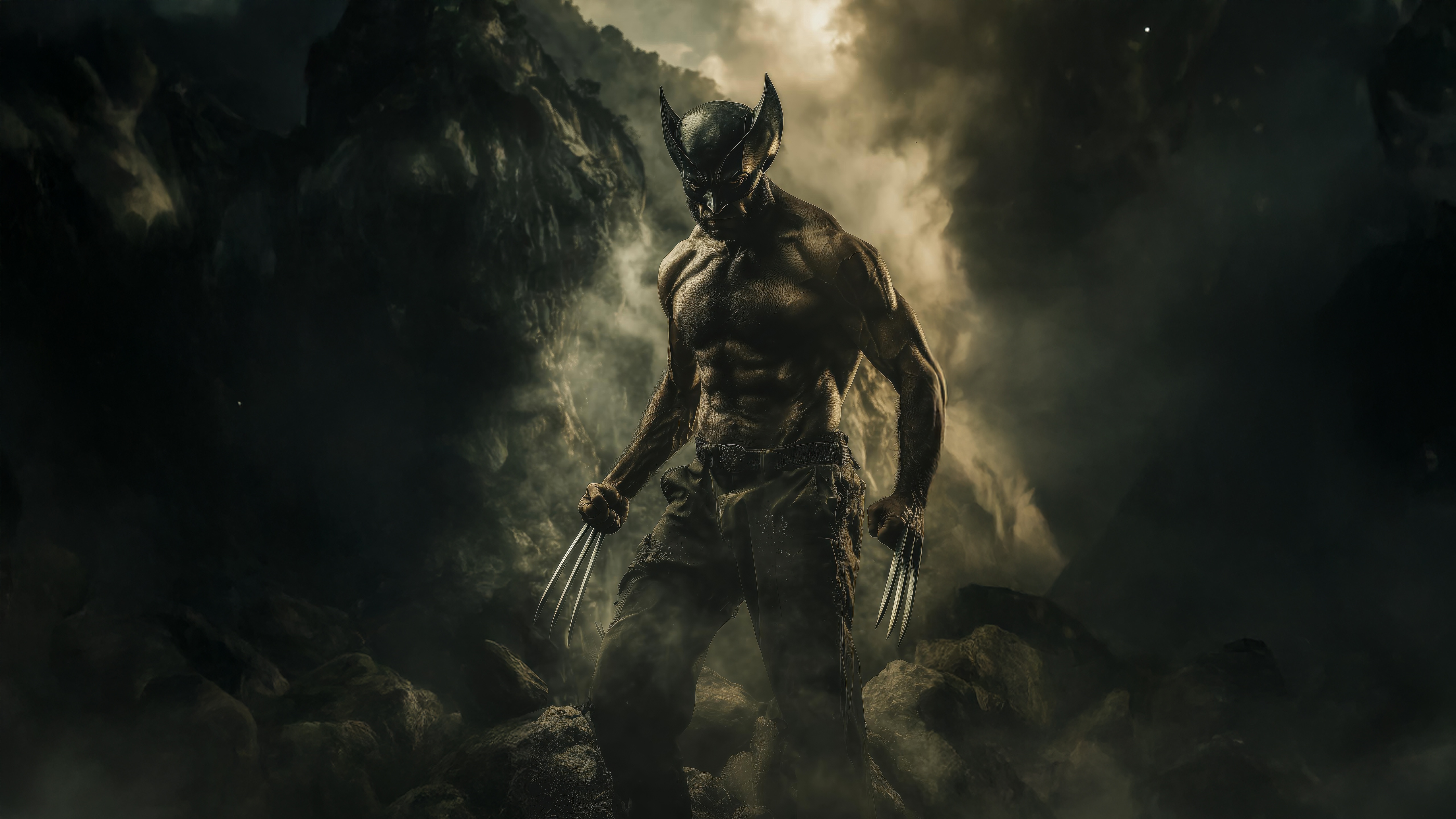 Wolverine with Claws in Dark Rocky Landscape HD Wallpaper