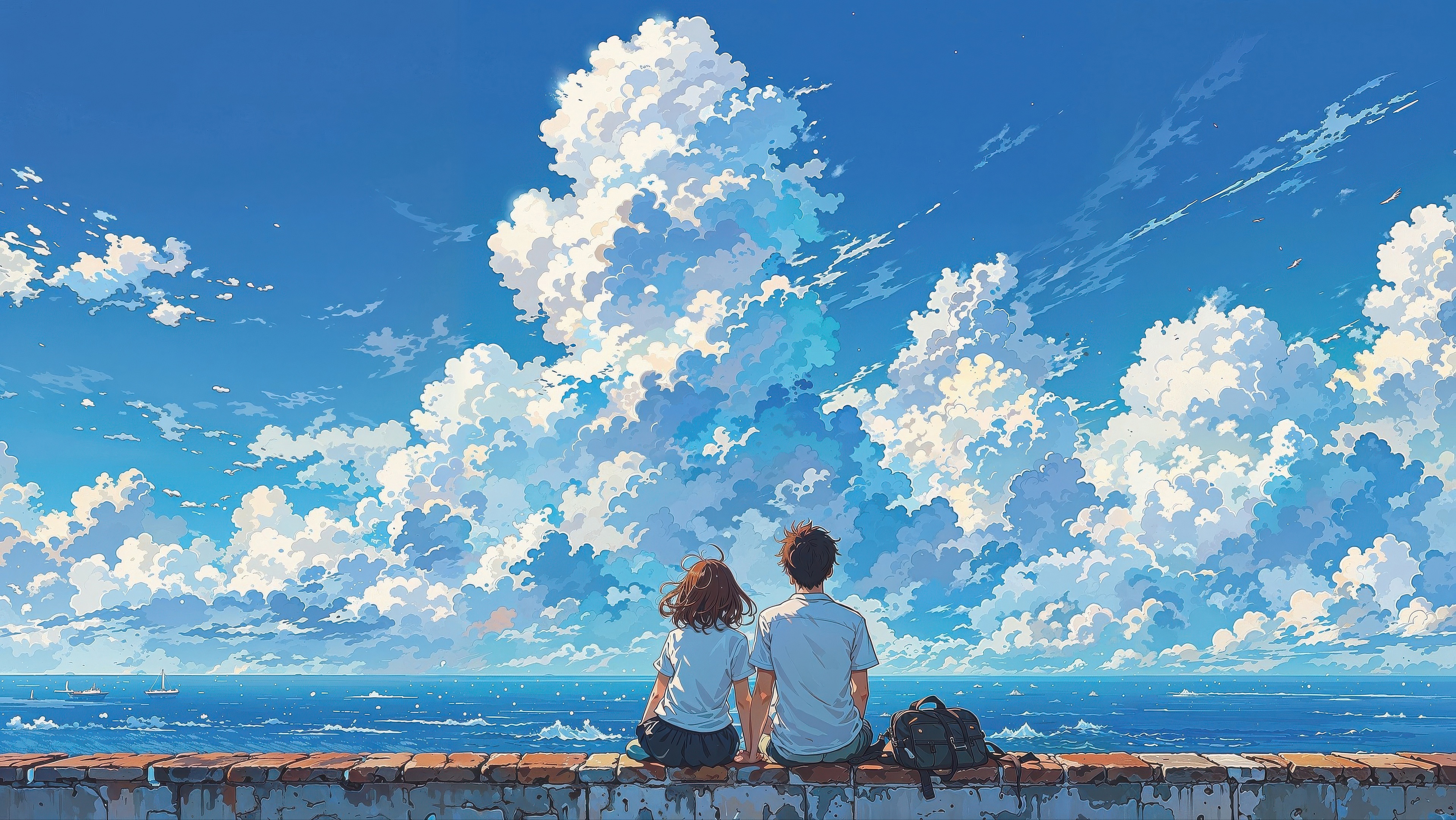 Couple Sitting on a Wall Under the Clouds HD Wallpaper