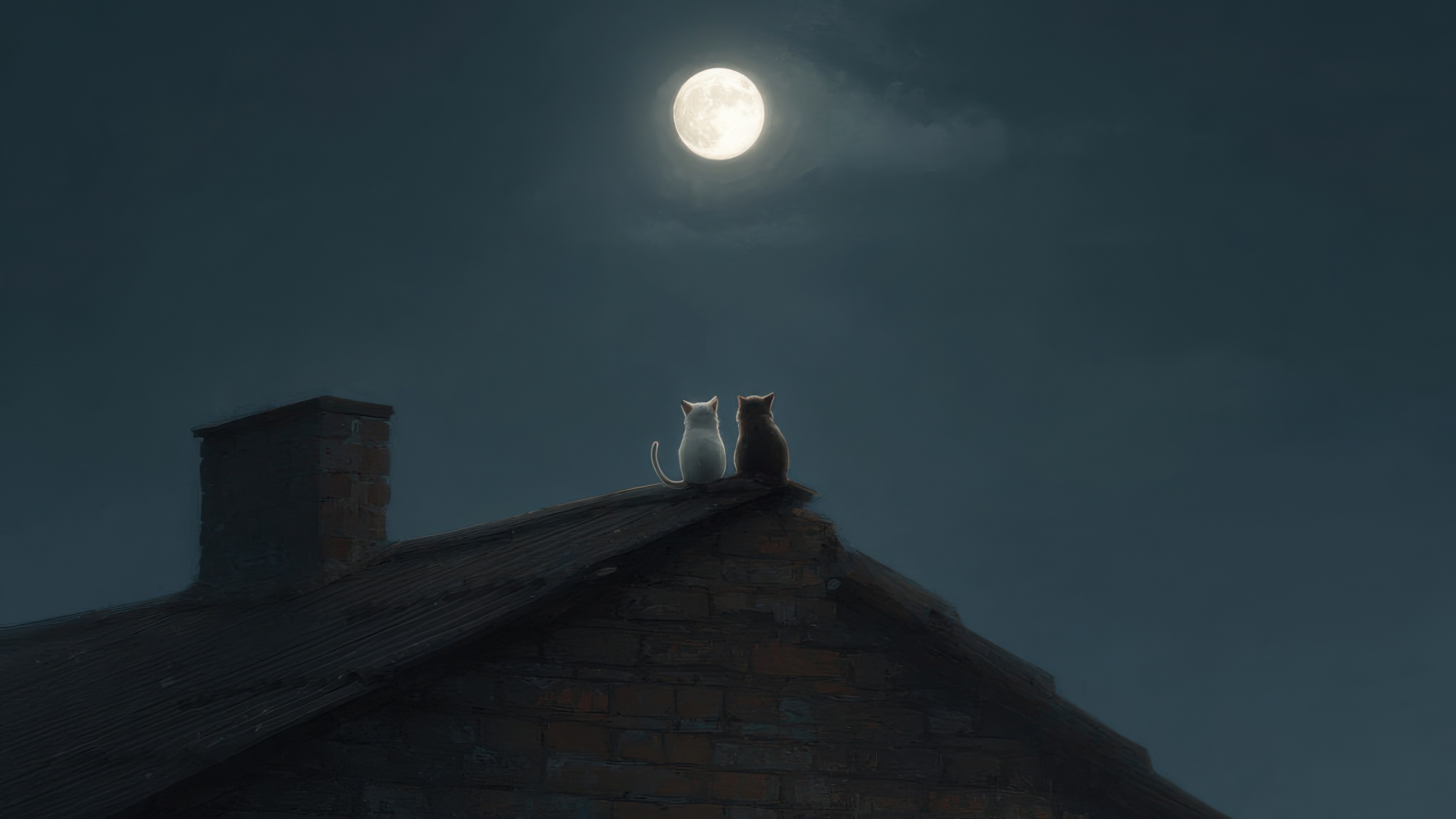 Two cats on a rooftop under the full moon HD Wallpaper