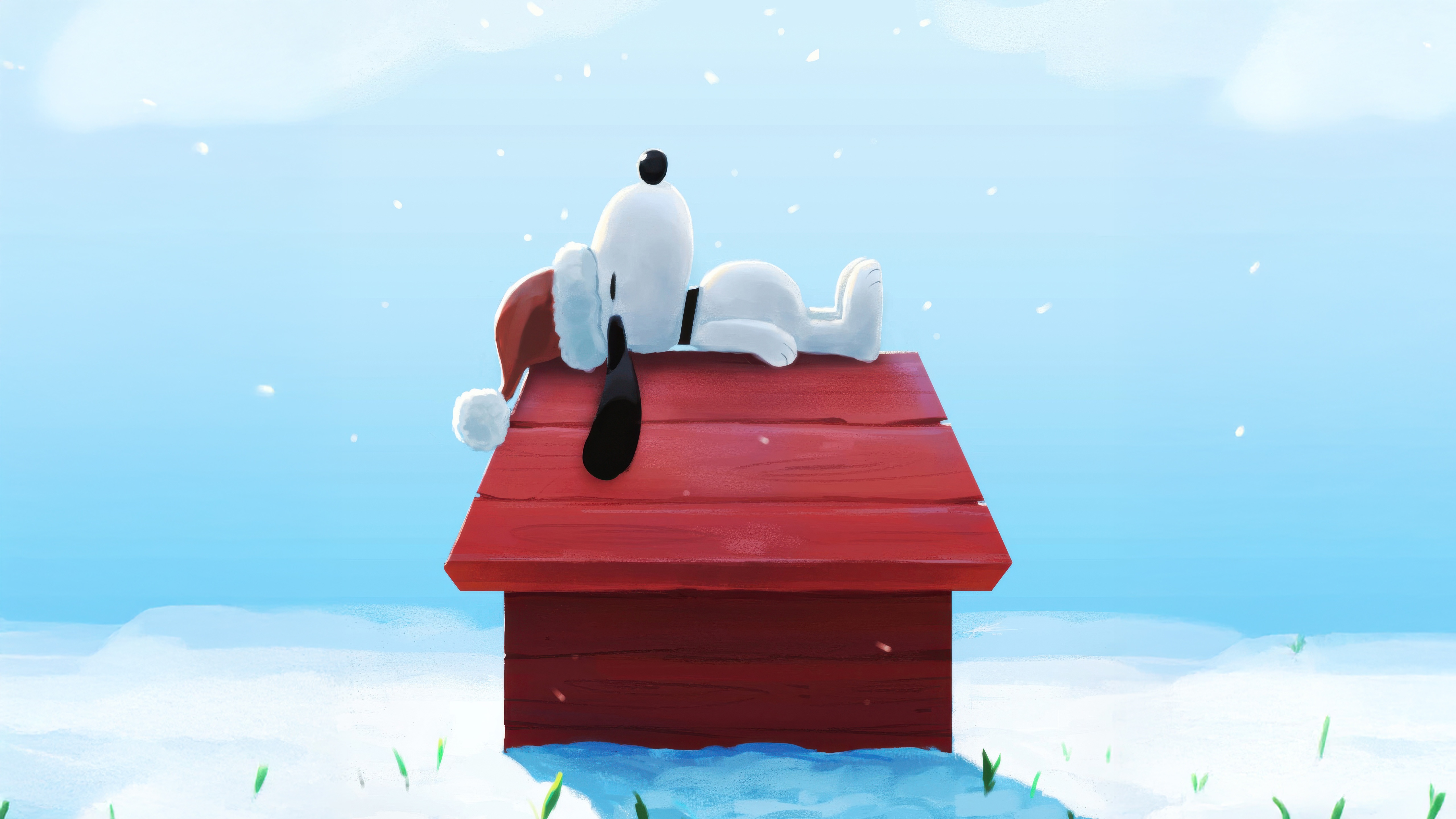 Snoopy Wearing Santa Hat on Dog House in Snow HD Wallpaper