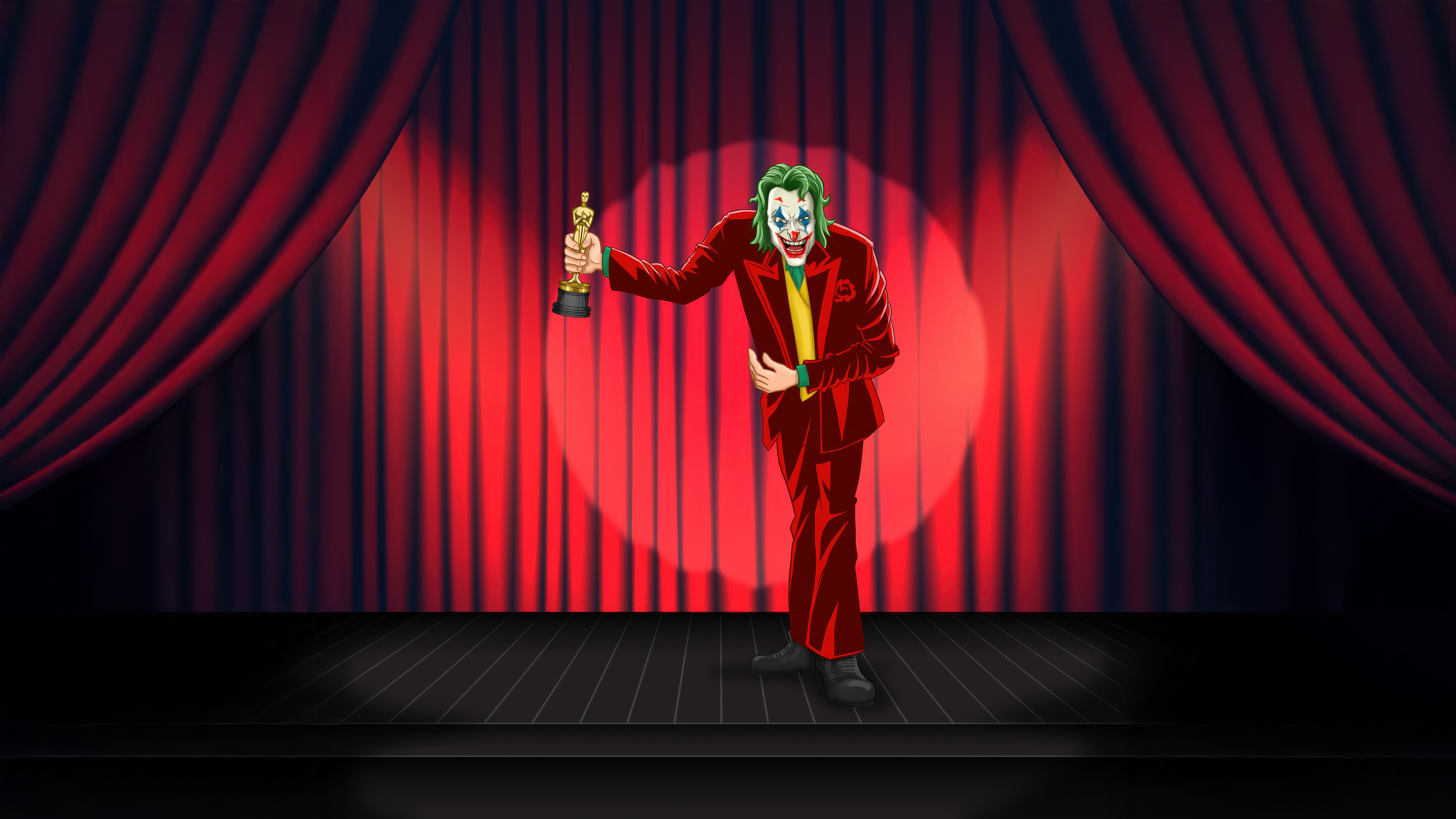 Joker holding an Oscar award on stage HD Wallpaper