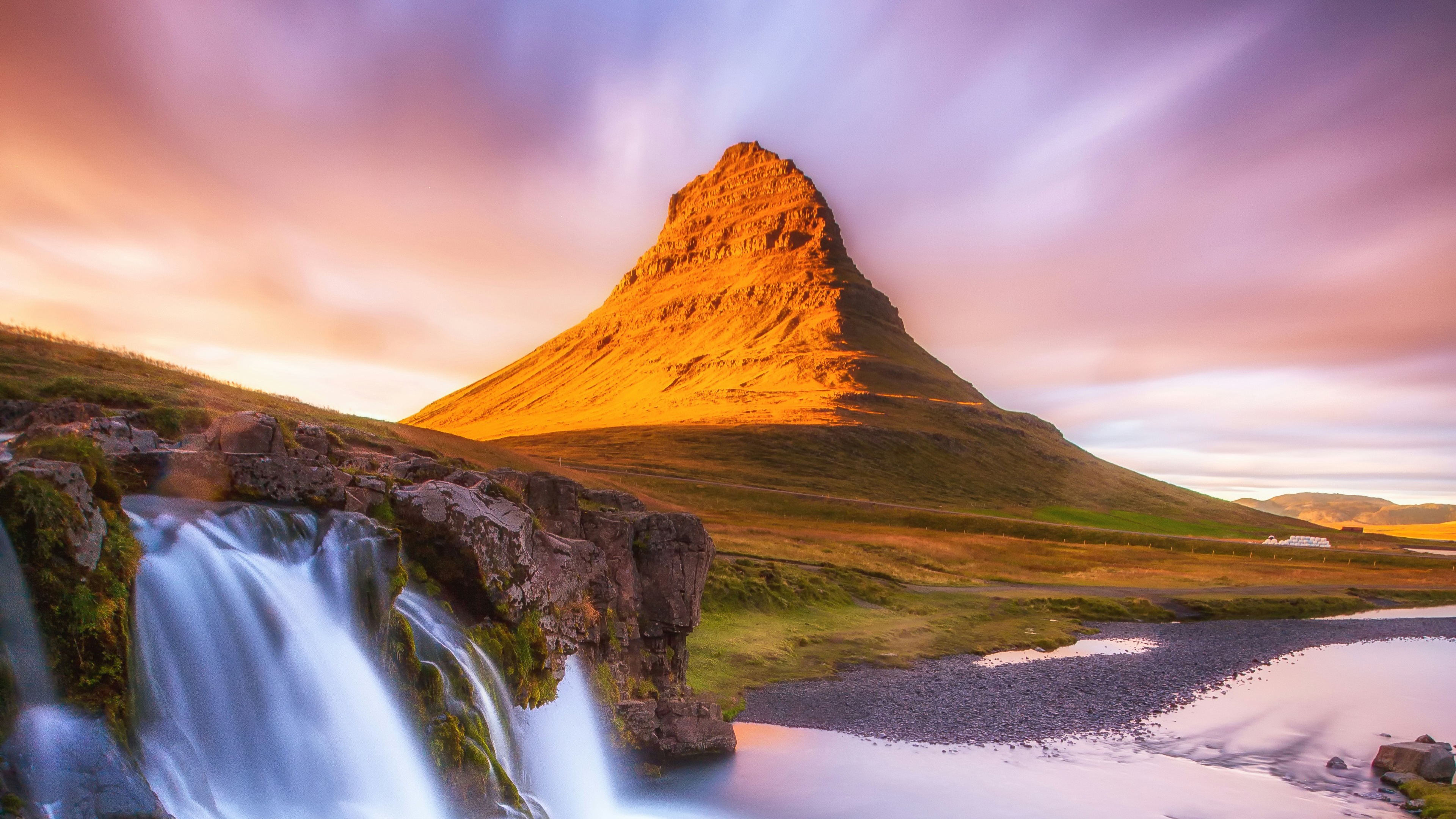 Waterfall And Pointed Mountain At Sunset HD Wallpaper