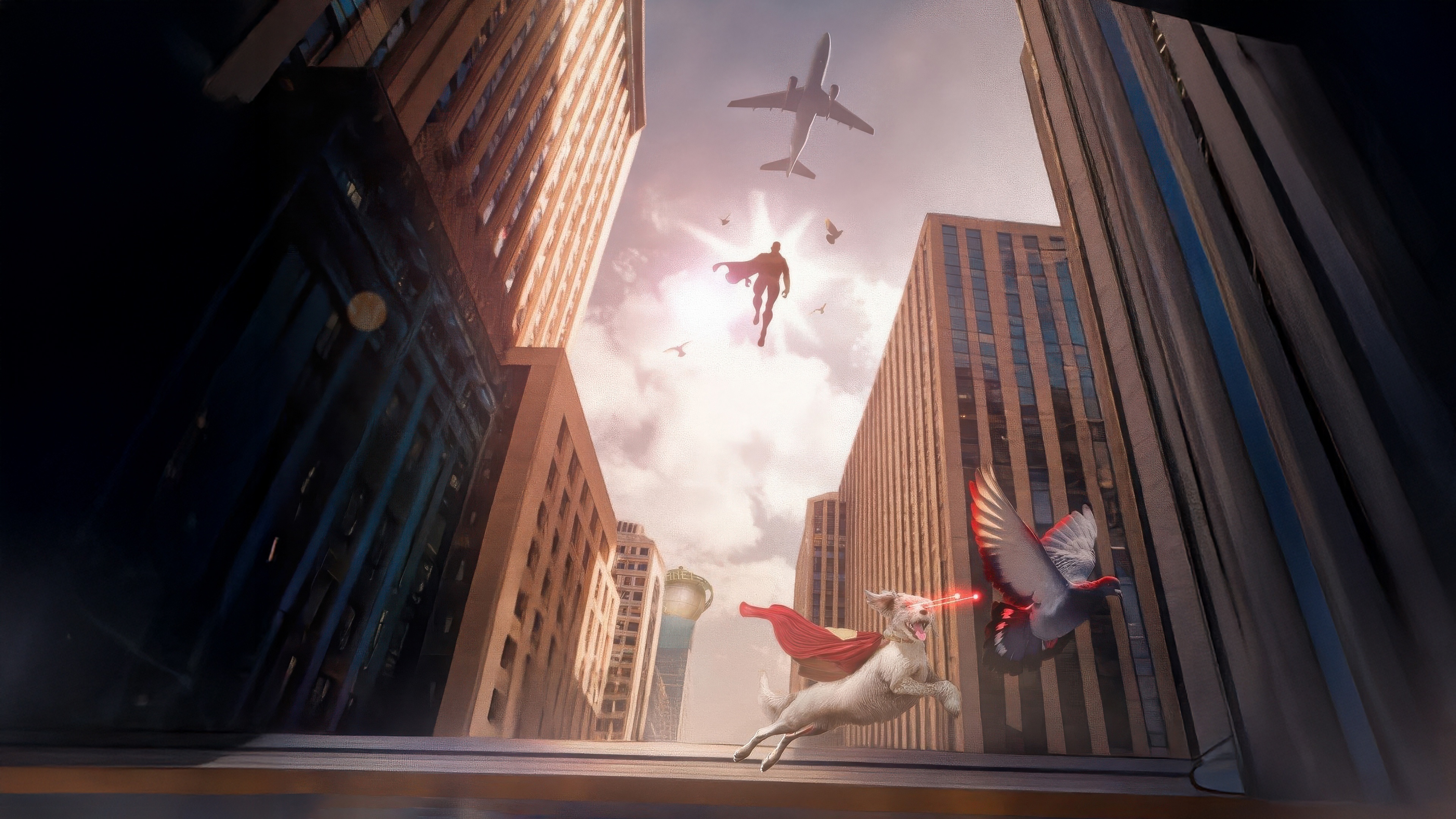 Superman and Krypto the Superdog flying over a city HD Wallpaper